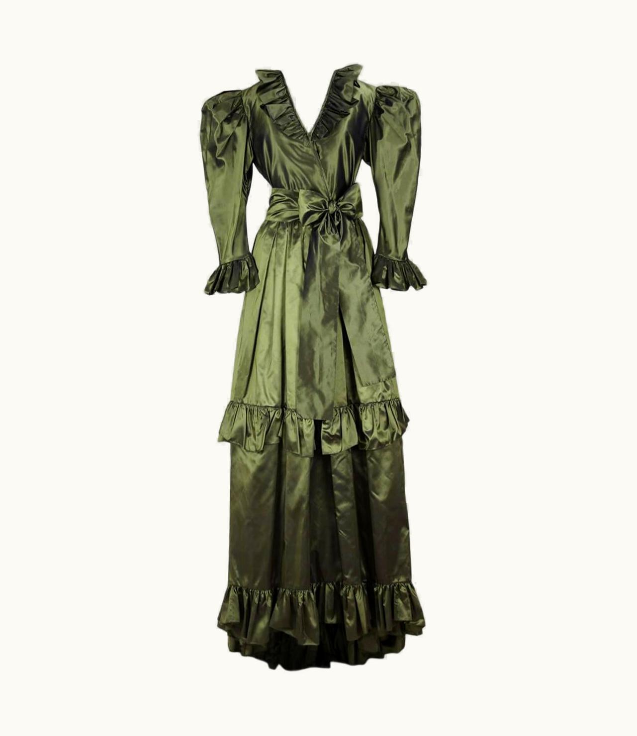 Saint Laurent 1978 YSL Yves Saint Laurent Green Silk Taffeta Blouse And Skirt Set