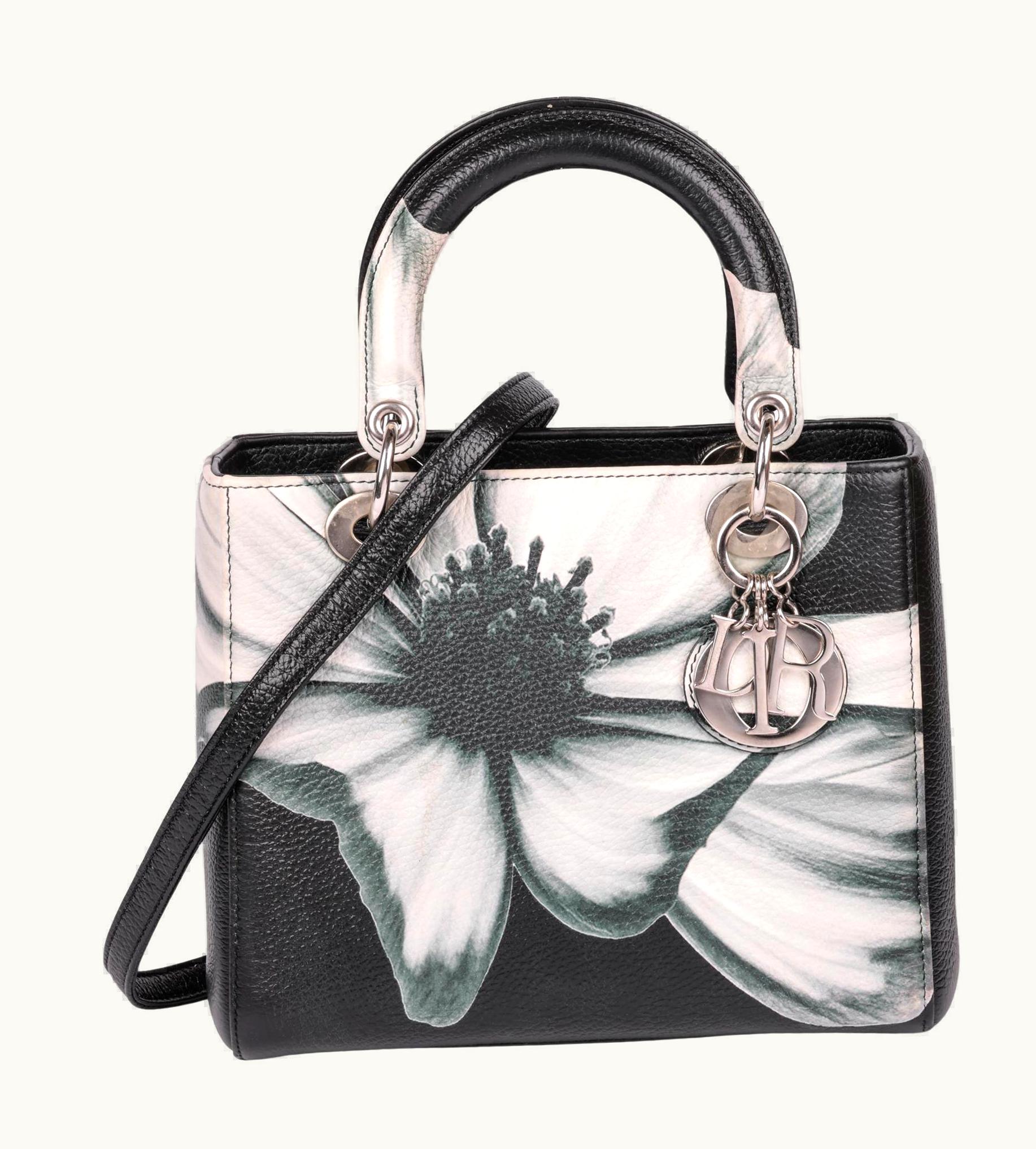 Dior Christian Dior Black Grained Deerskin Leather Floral Printed Medium Lady Dior