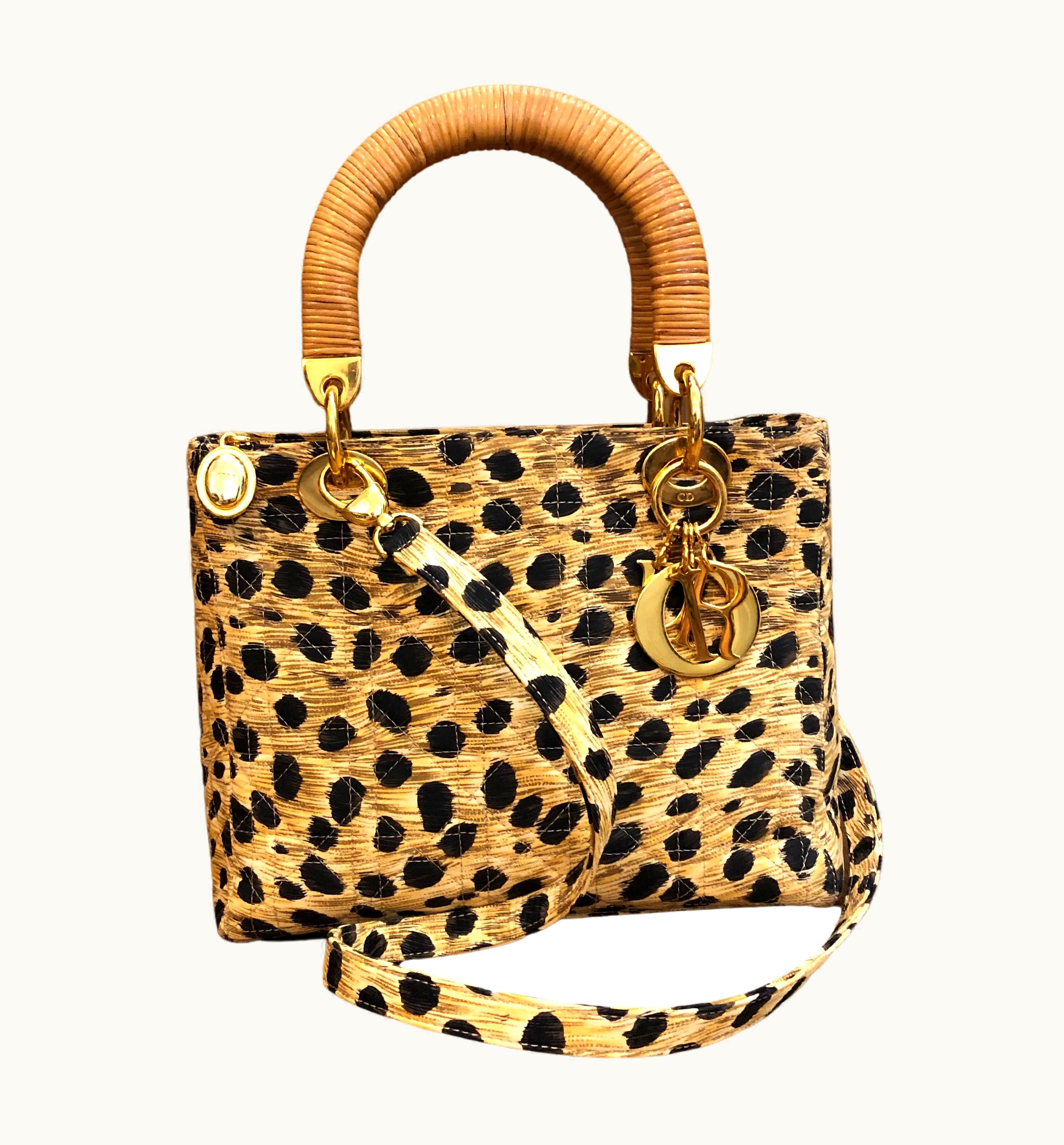 Dior Vintage Christian Dior Leopard Small Lady Dior 2-Way Handbag Rattan Handles