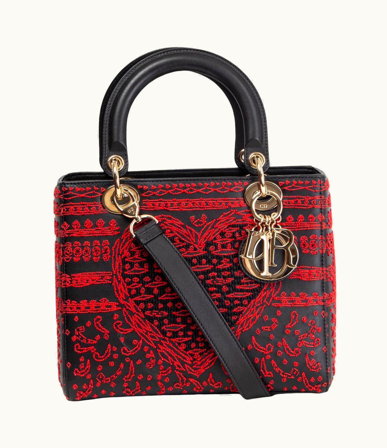 Dior Christian Dior Black & Red Leather 2018 Lady Dior Medium Heart Clover Bag