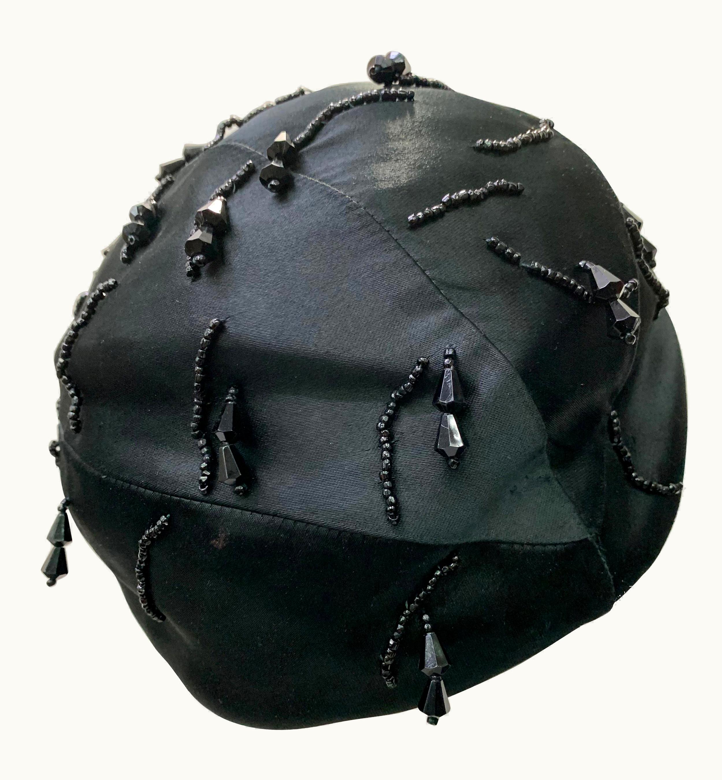 Dior 1950 Miss Dior Created By Christian Dior Black Satin Jet Beaded Cloche
