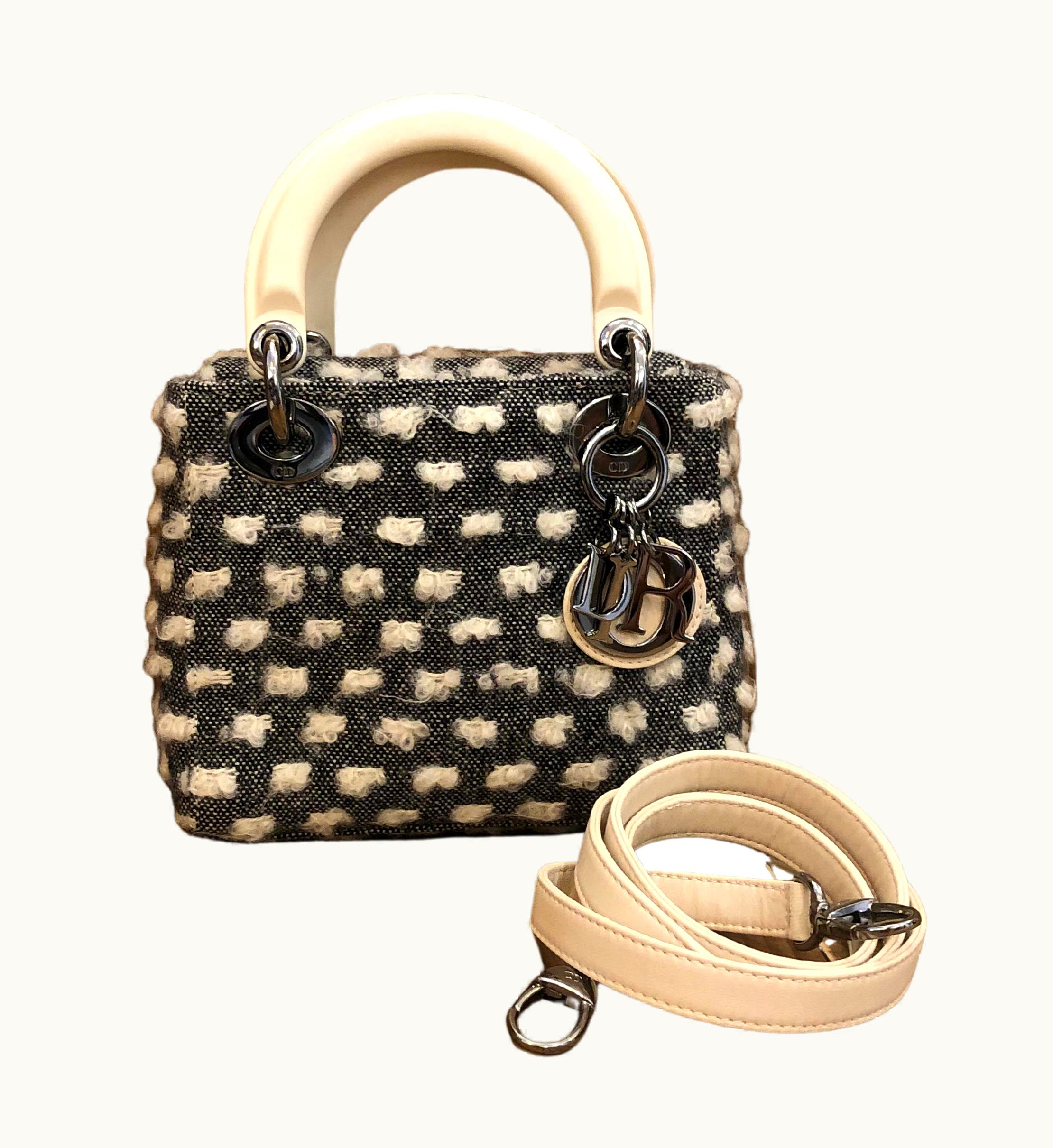 Dior Vintage Christian Dior Black And White Tweed Mini Lady Dior Two-Way Handbag