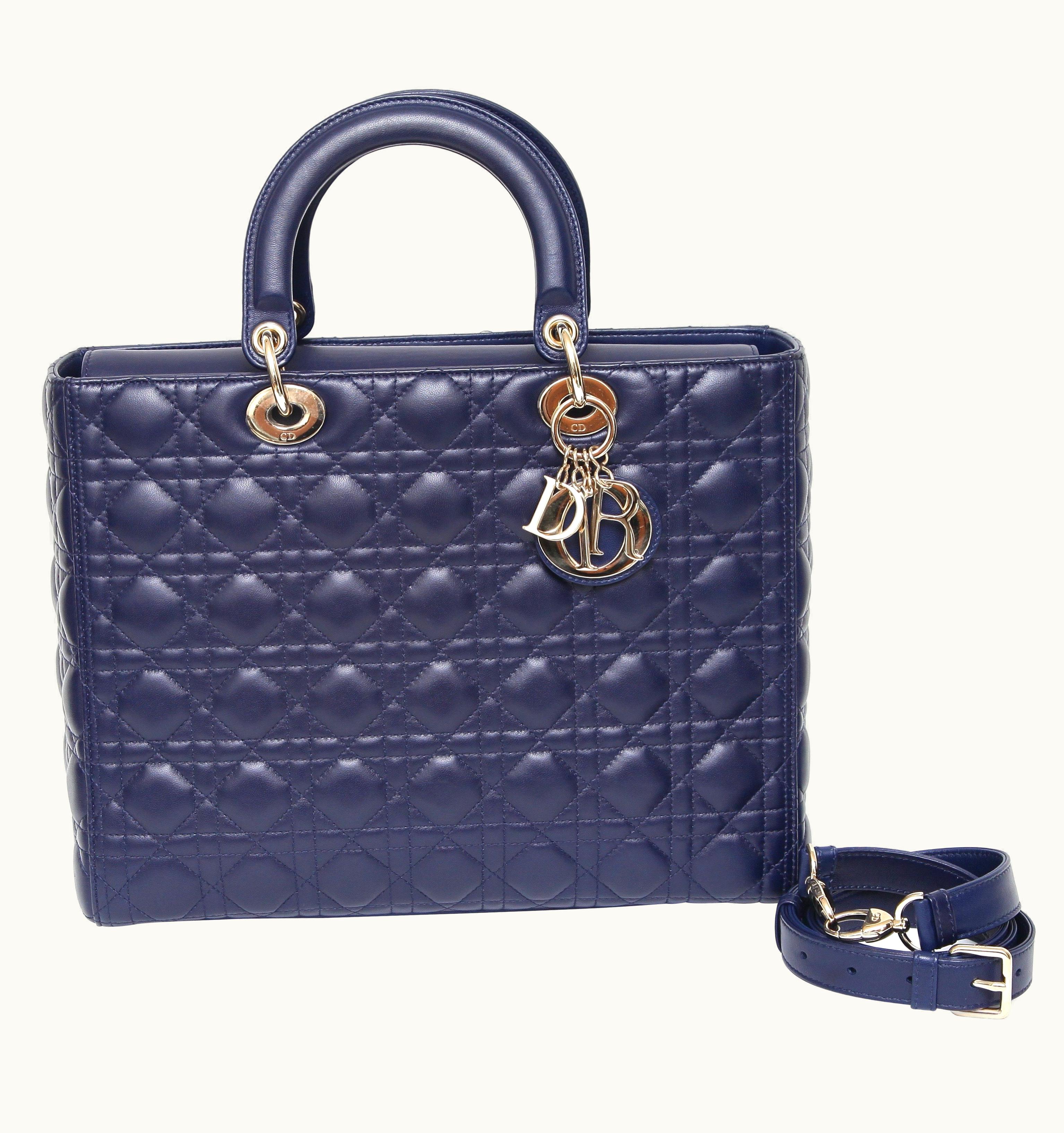 Dior Christian Dior Navy Blue Cannage Large Lady Dior Gold Top Handles Shoulder Strap