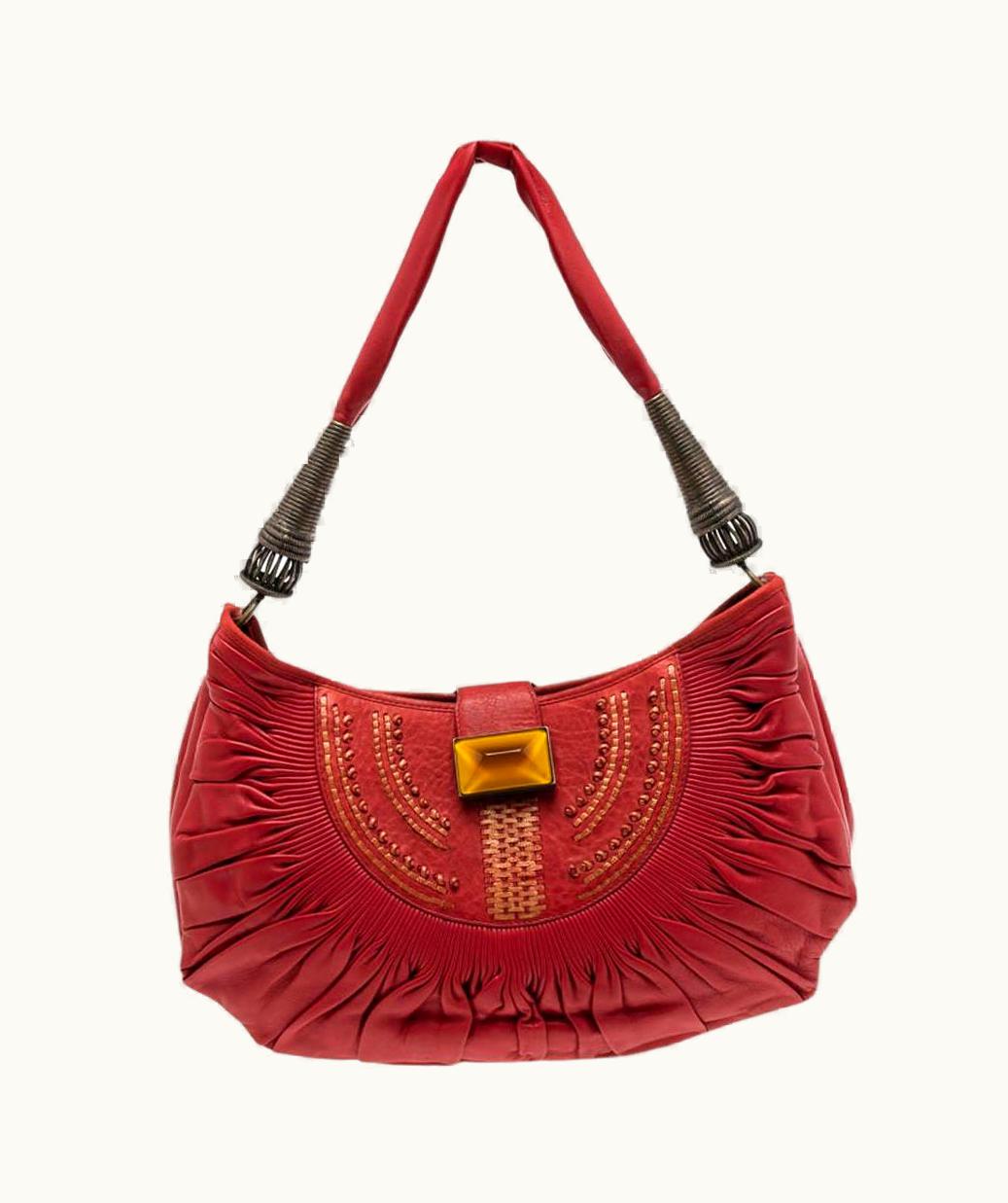 Dior Plisse Hobo Leather Bag Red