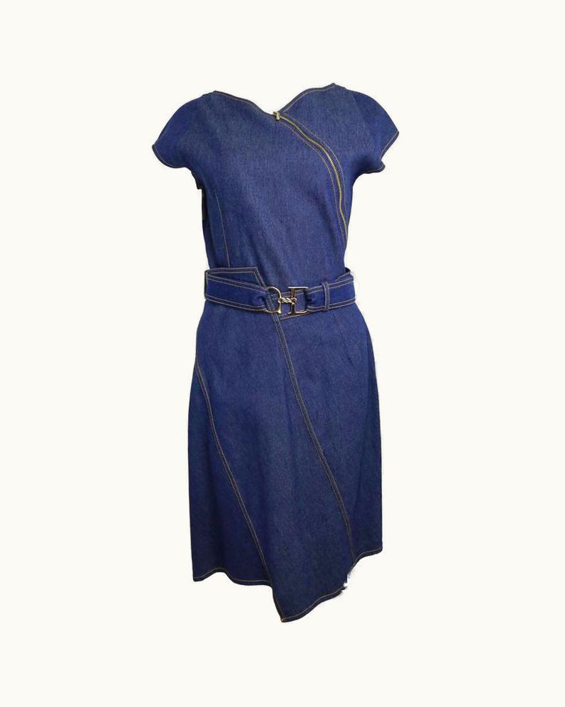 Dior Christian Dior Denim Belted Asymmetrical Sleeveless Dress