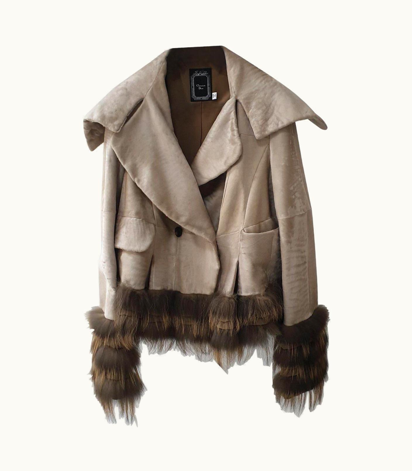 Dior Christian Dior Beige Leather Fox Trimmed Jacket