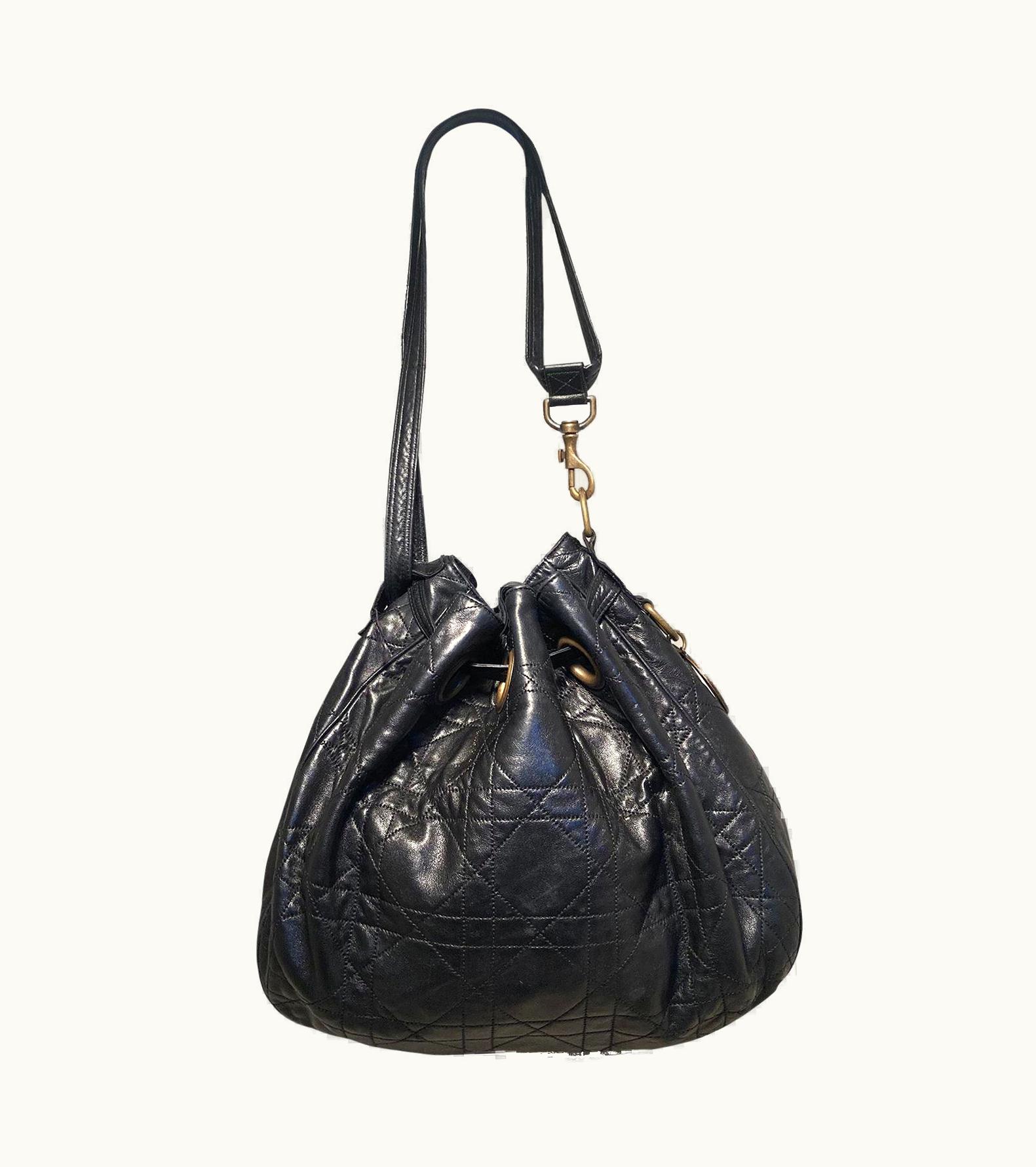 Dior Christian Dior Black Leather Cannage Drawstring Shoulder Bag