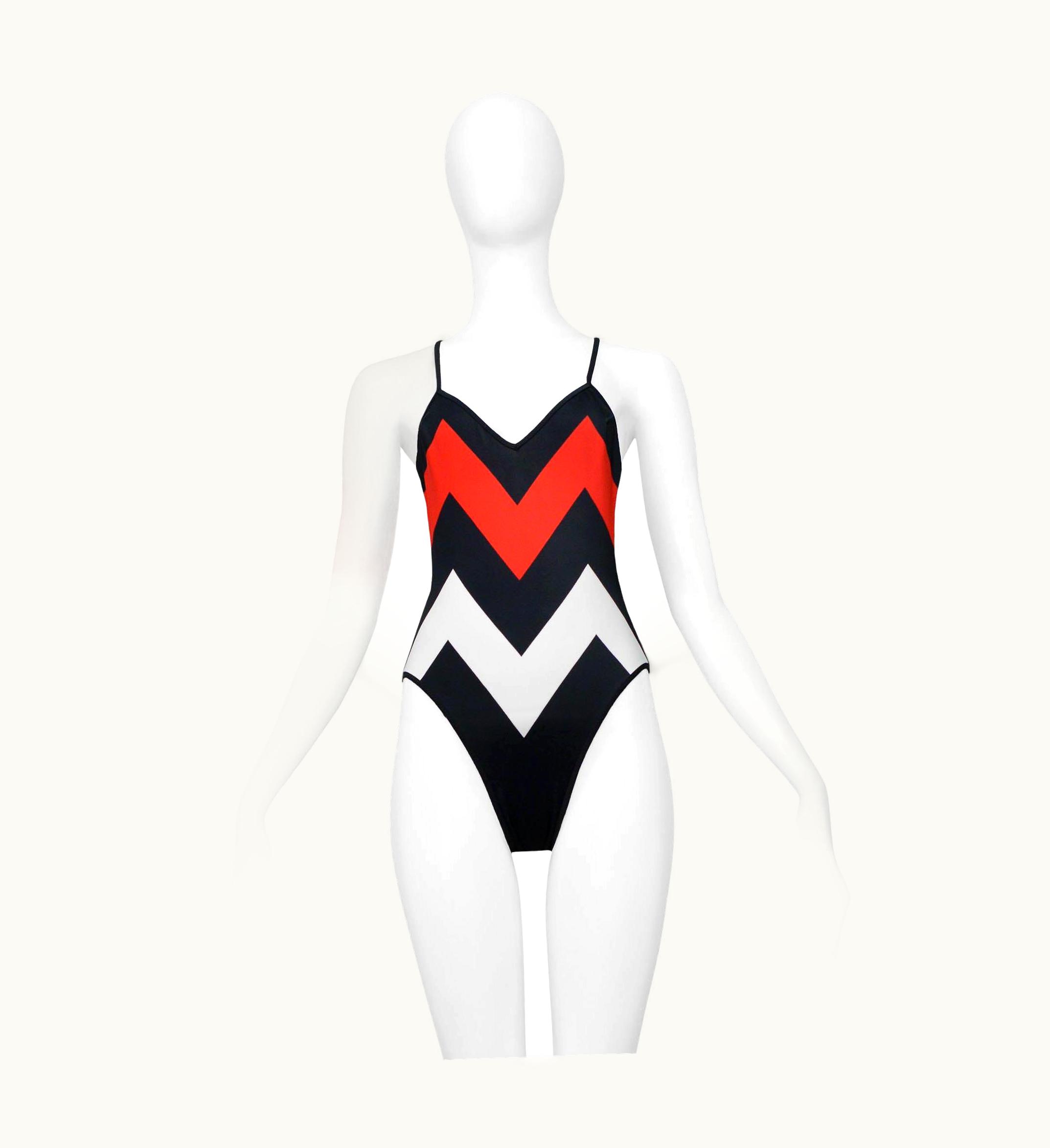 Dior Christian Dior Black, Red & White Chevron Swimsuit 1999