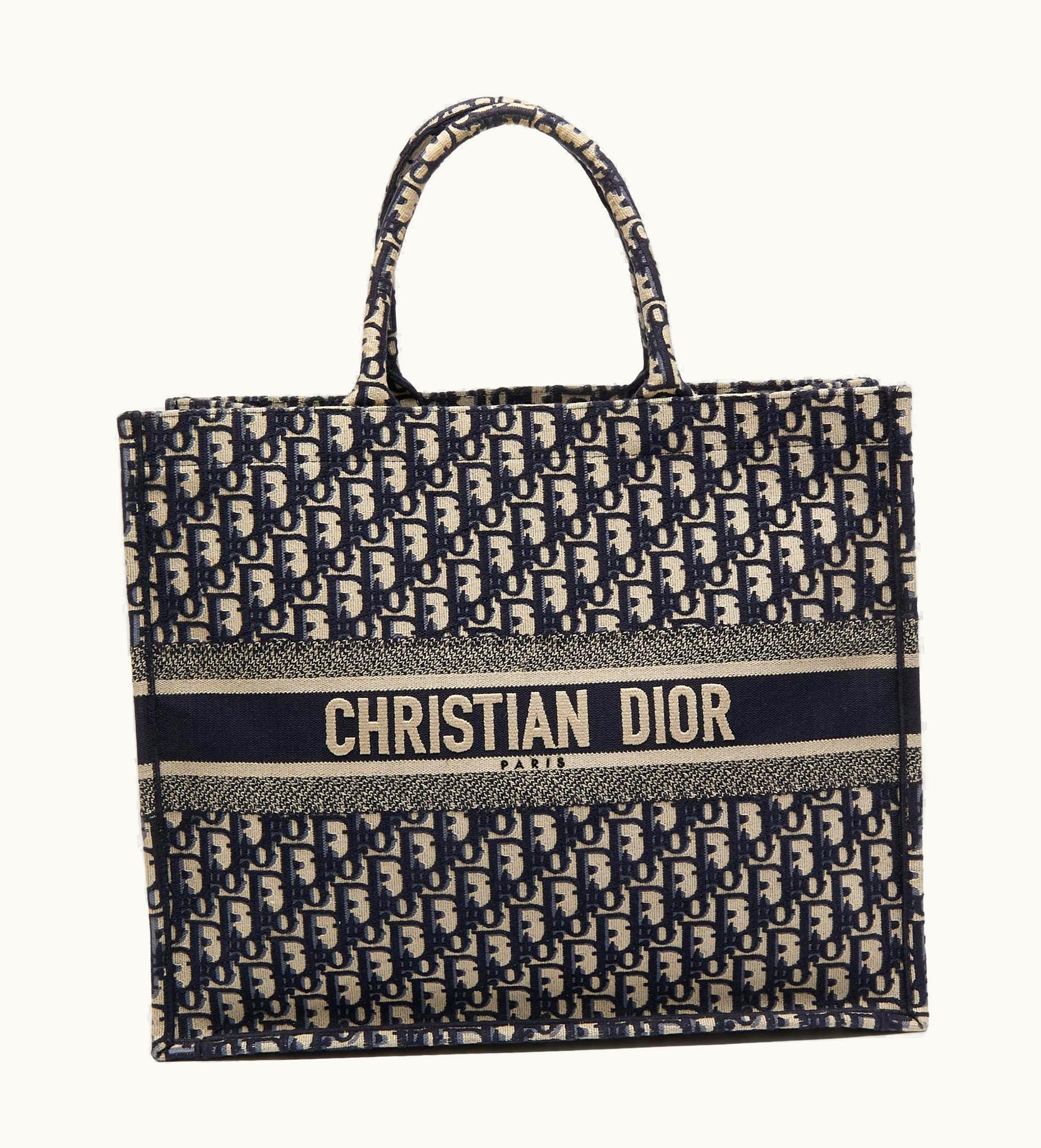 Dior Dior Navy Blue Oblique Embroidery Canvas Book Tote