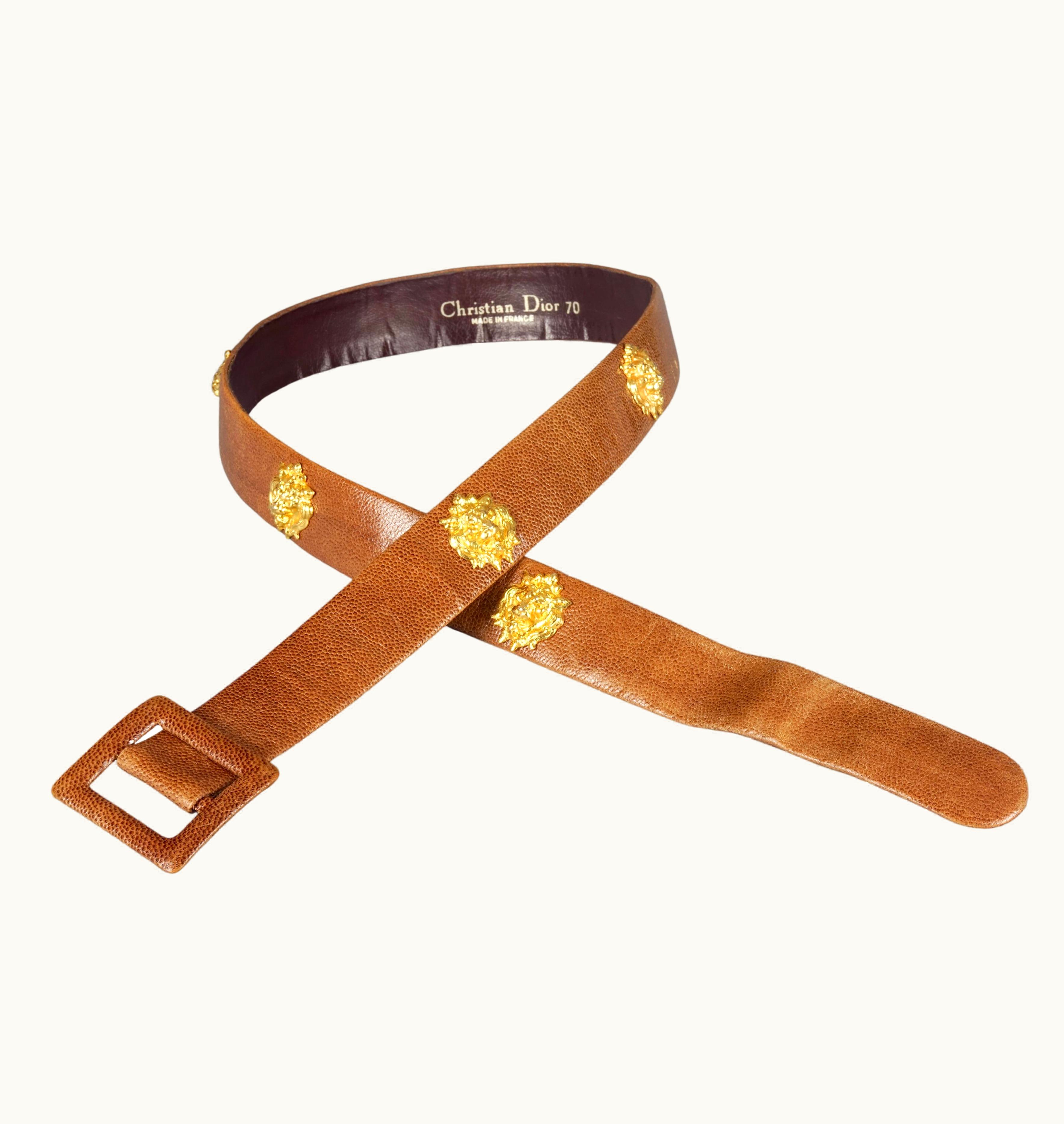 Dior Vintage Christian Dior Lion Head Charms Brown Leather Belt
