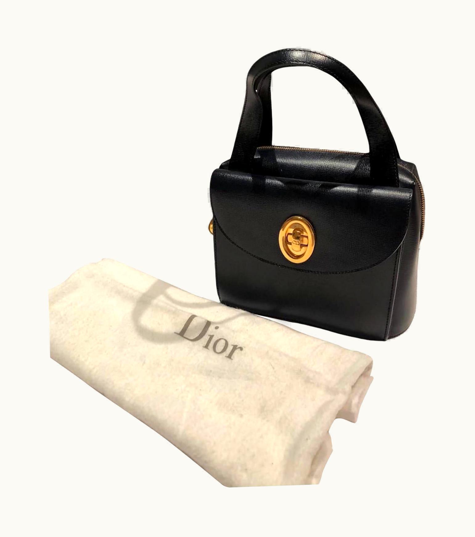 Dior Christian Dior Paris Vintage Leather Double Handles Handbag Cd Logo Navy 1980