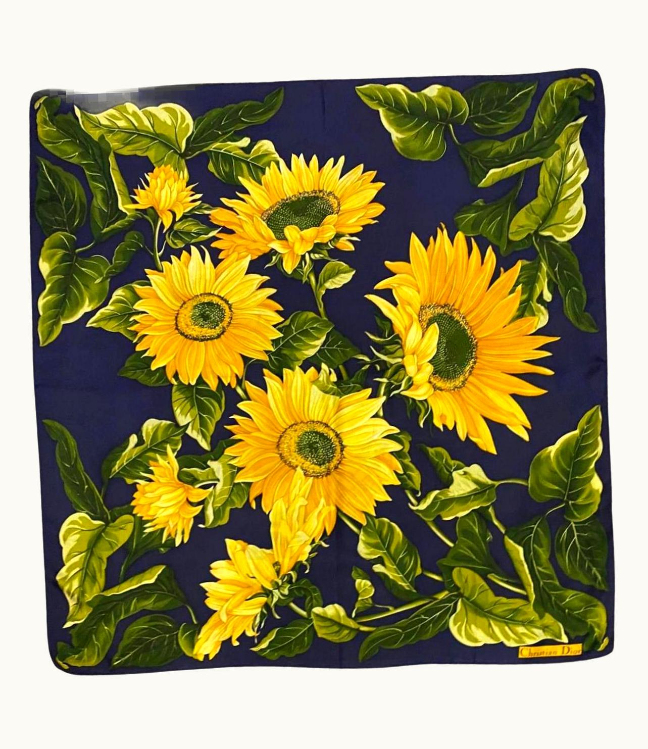 Dior 1980s Christian Dior Sunflower Print Silk Scarf On Blue