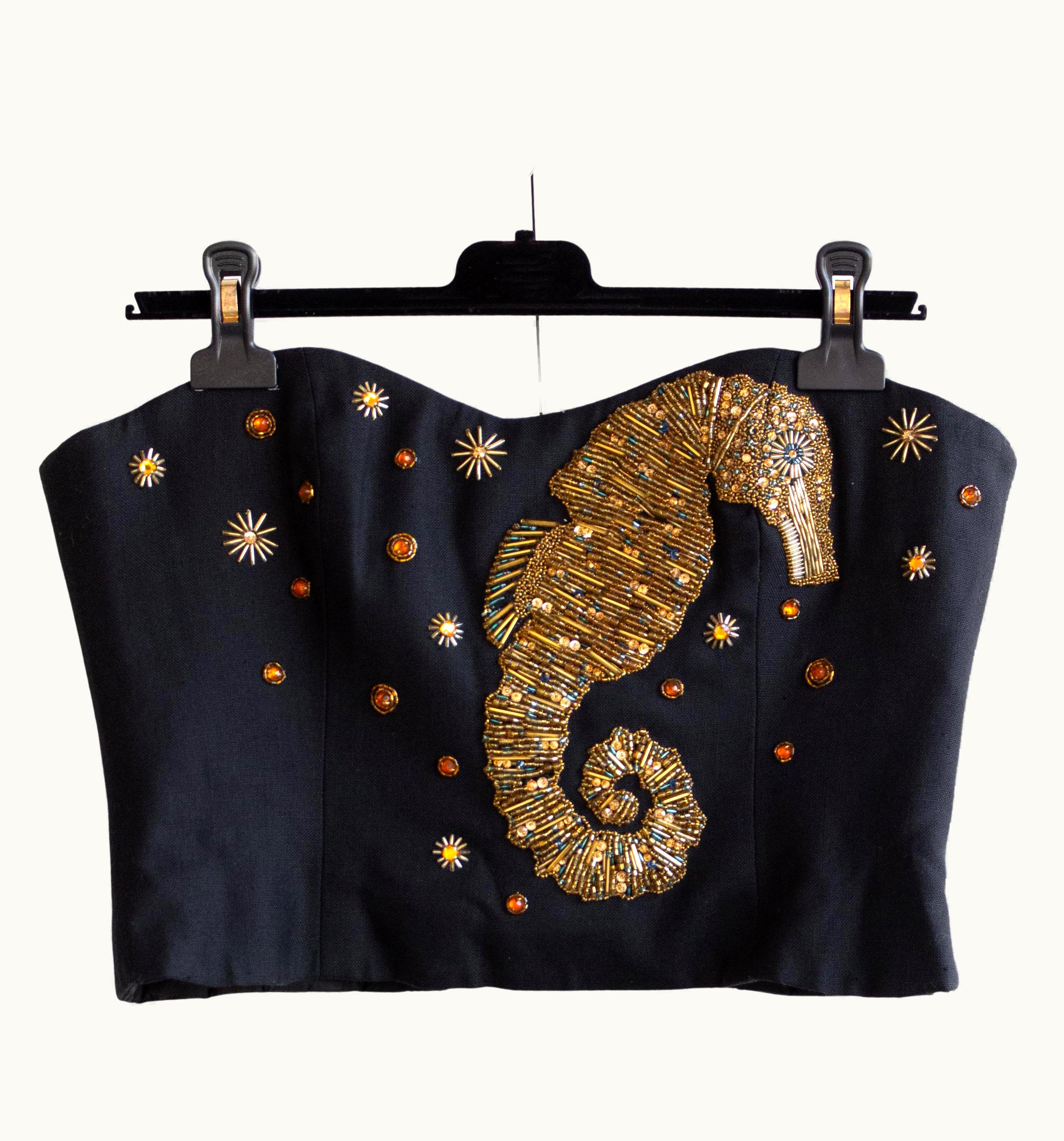 Dior Christian Dior Vintage 1989 Midnight Blue Gold Embellished Seahorse Corset Top