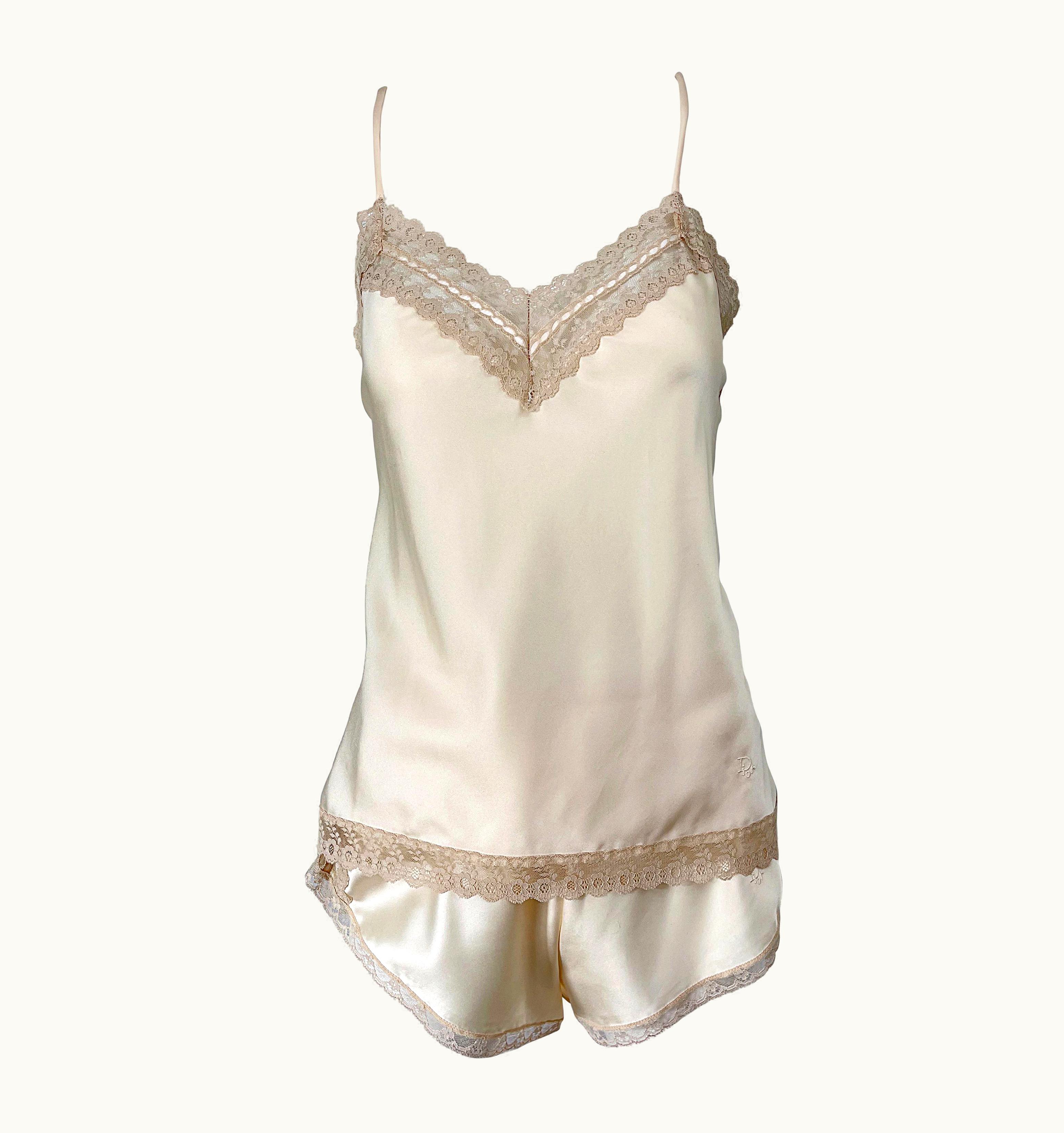 Dior Nwt 1980s Christian Dior Ivory Satin Lace Three Piece Cami 80s Lingerie Pj Set
