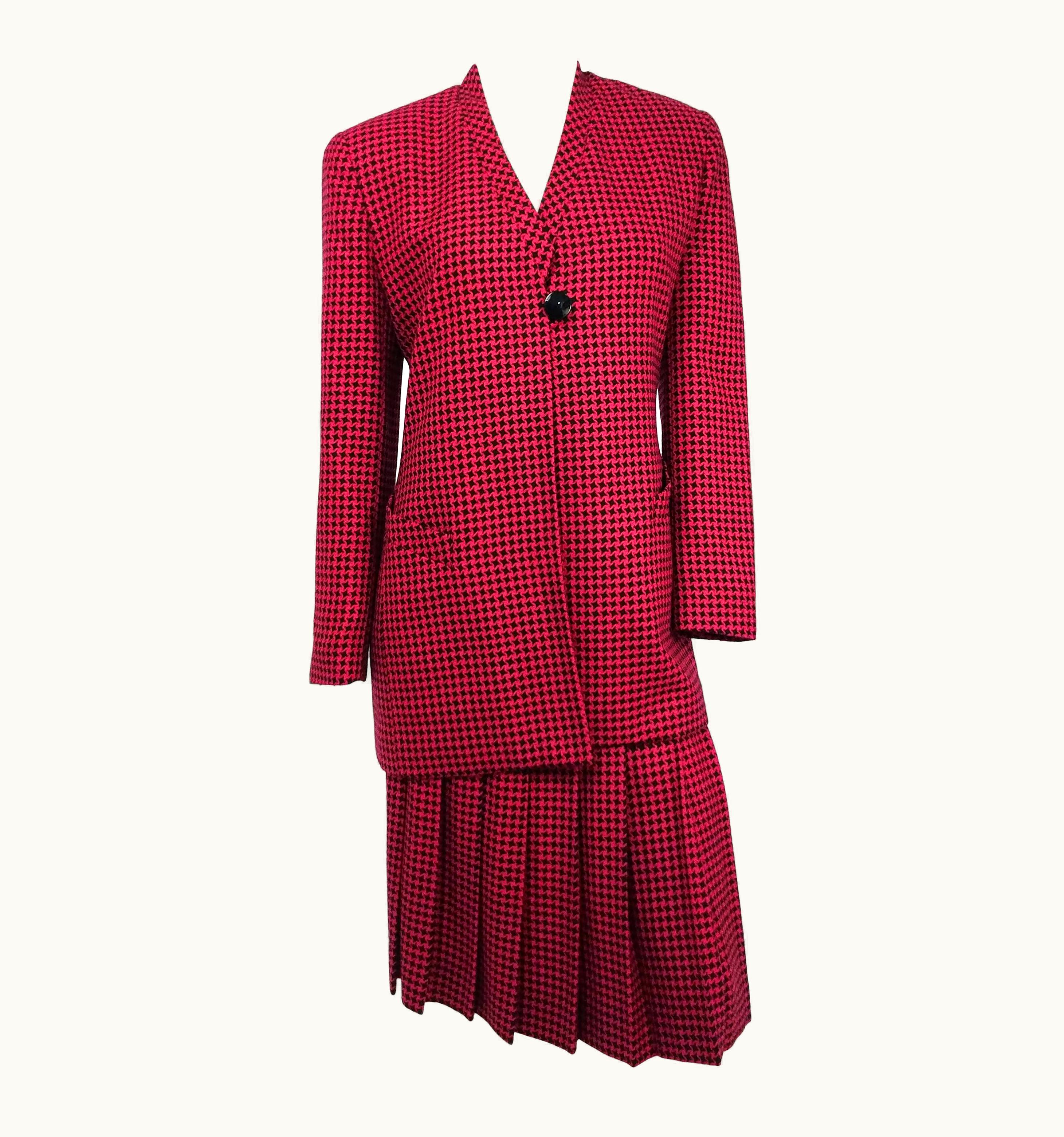 Dior 1980s Christian Dior Red & Black Houndstooth Two Piece Skirt Suit Set