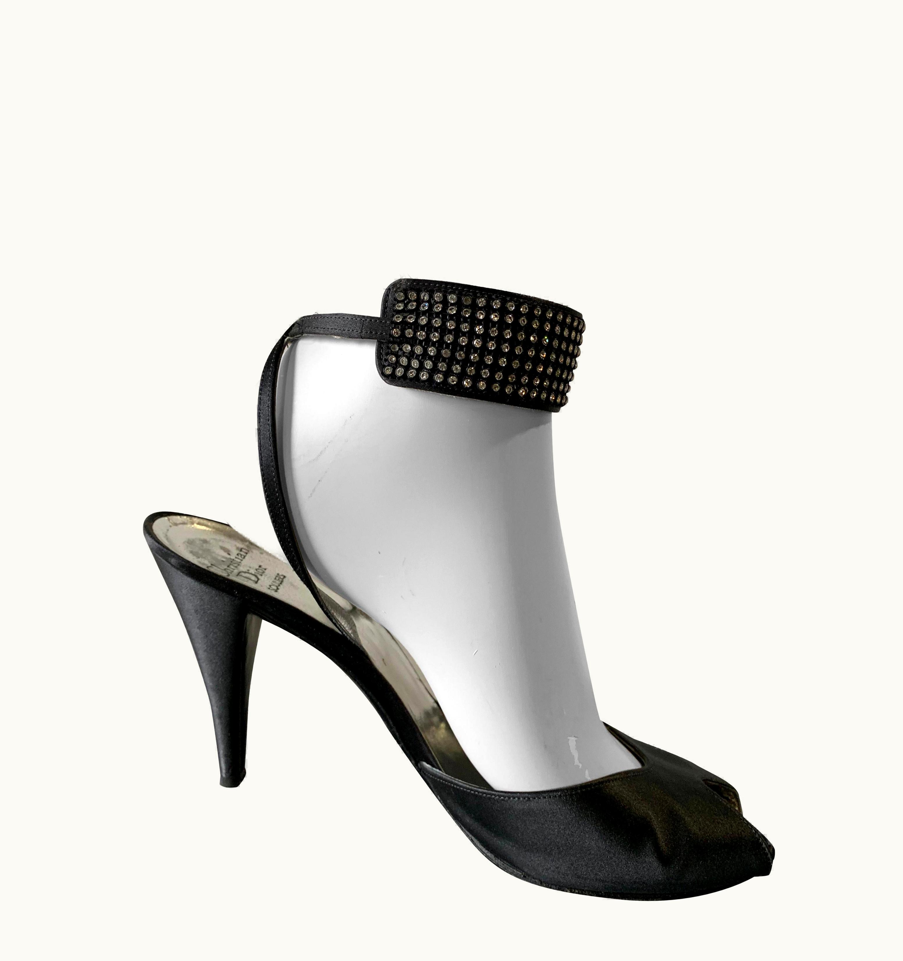 Dior 1980s Christian Dior Peau De Soie Ankle-Strap Open-Toe Pumps WS/S Rhinestone Trim