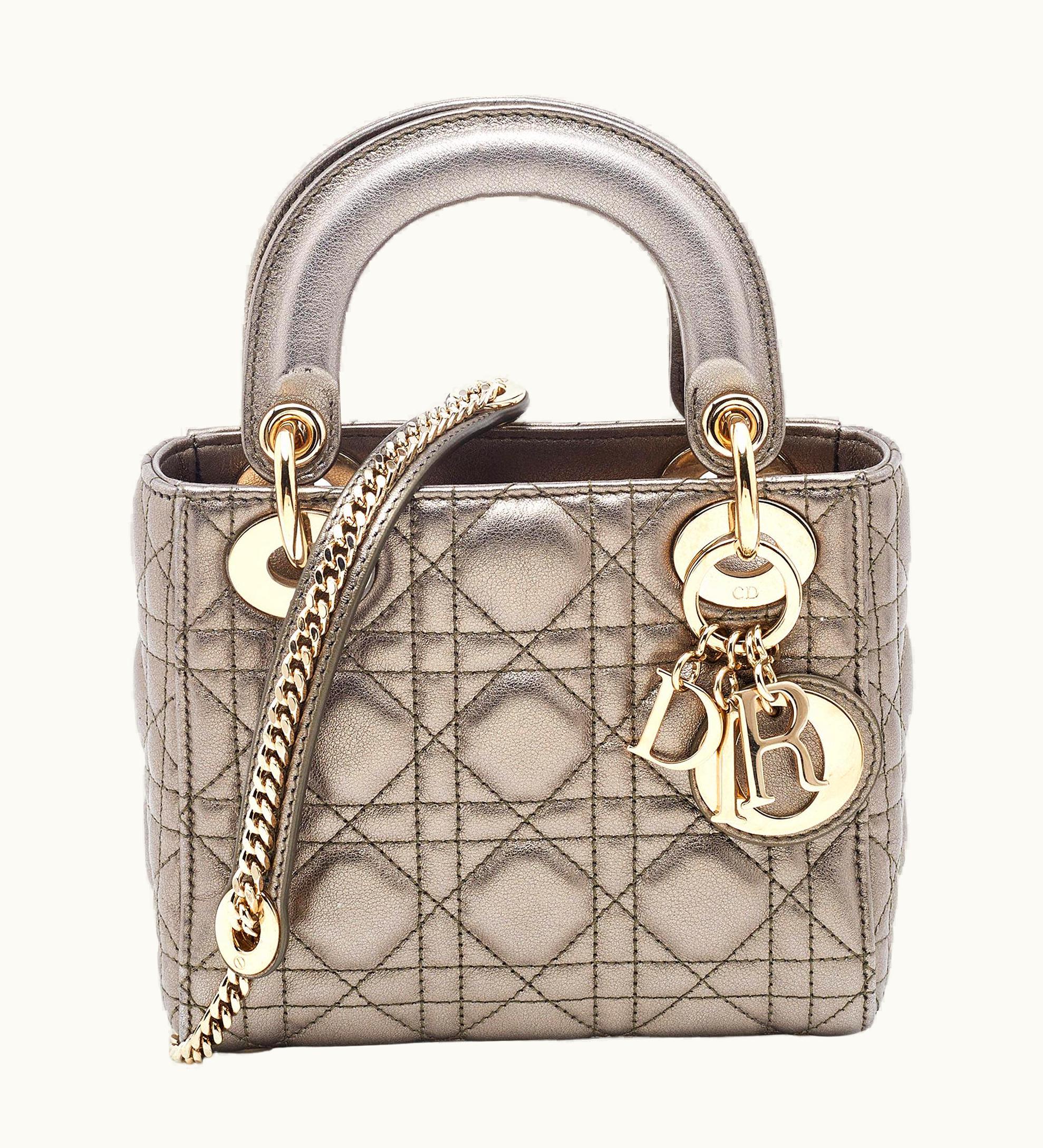 Dior Dior Metallic Grey Cannage Leather Mini Lady Dior Tote
