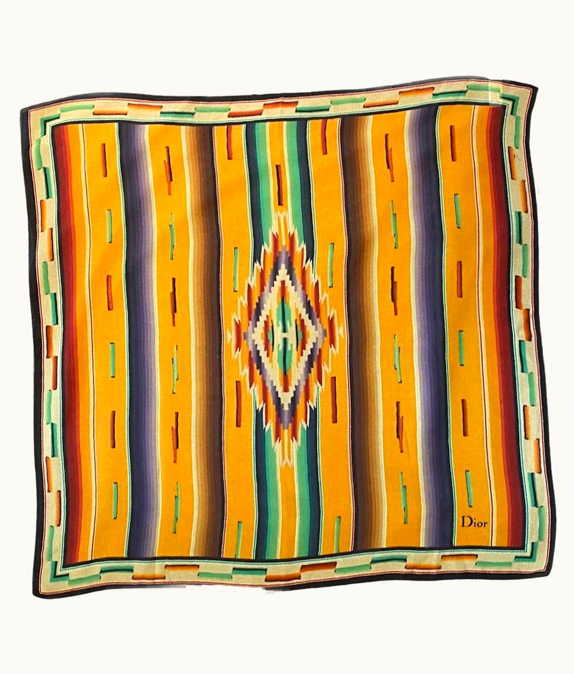 Dior 2000s Christian Dior Aztec Tribal Multicolor Crepe Silk Scarf