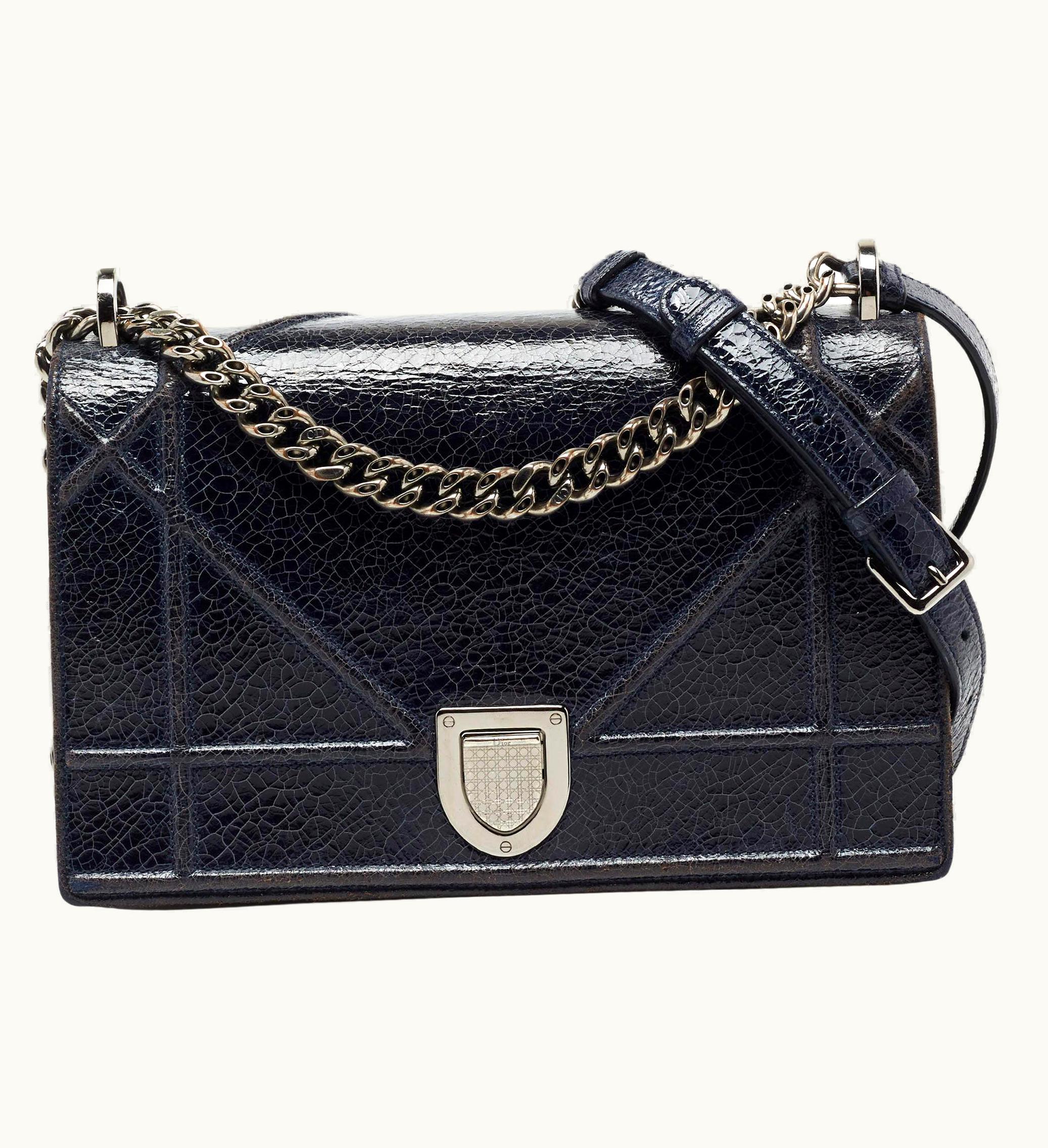 Dior Dior Blue Crackled Patent Leather Medium Diorama Shoulder Bag