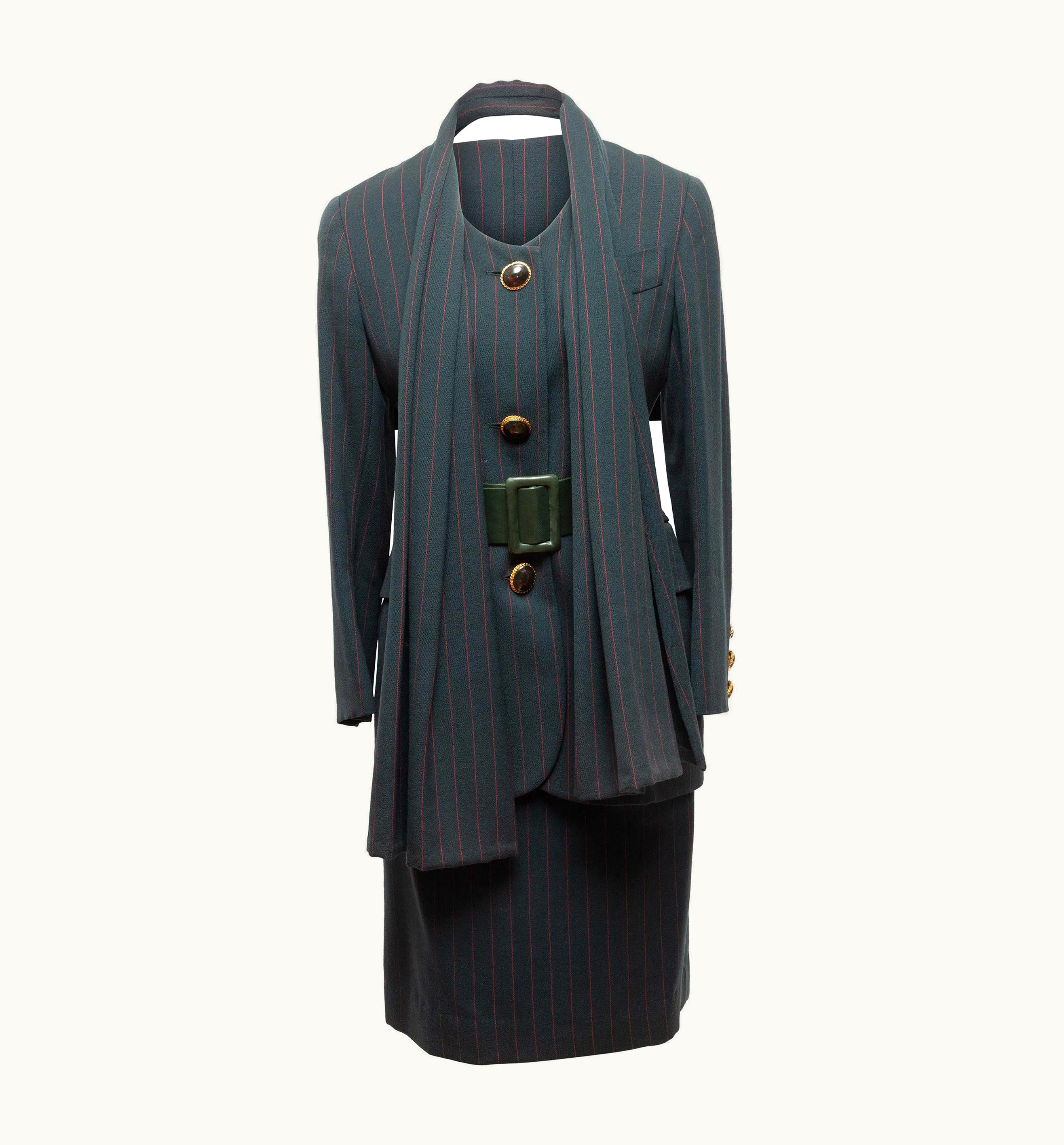 Dior Christian Dior Dark Green & Red Boutique Wool Skirt Suit