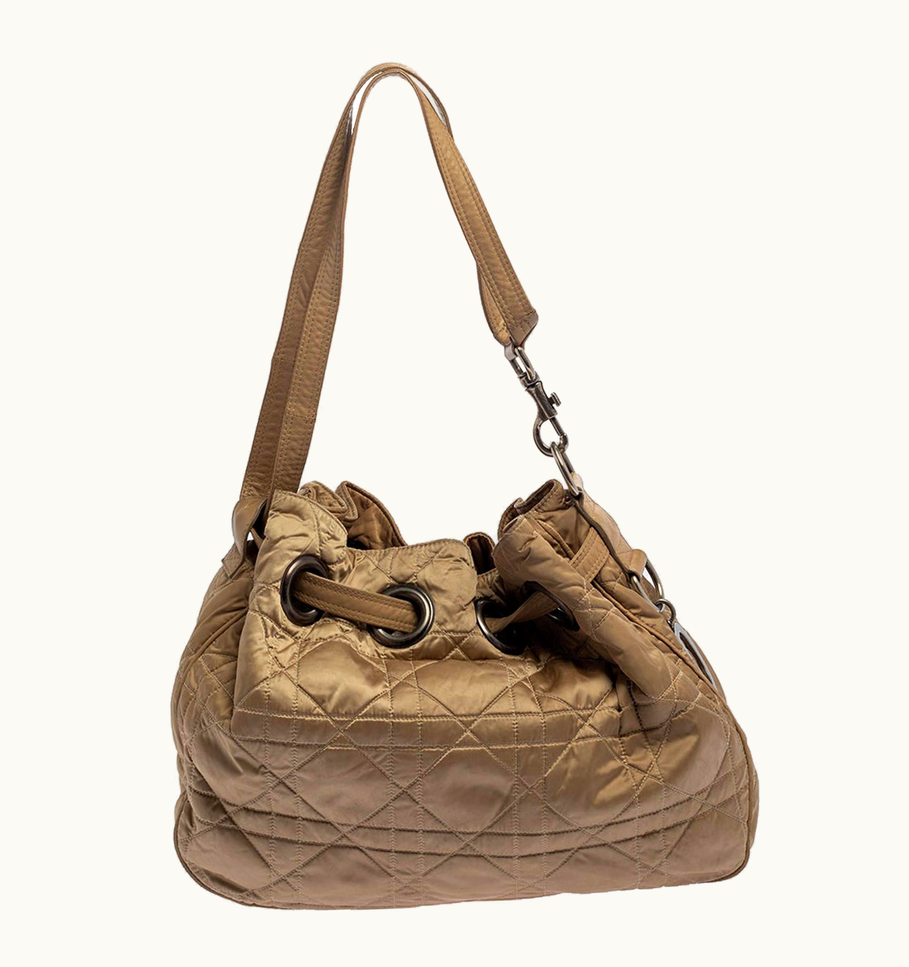 Dior Dior Cannage Beige Nylon And Leather Drawstring Shoulder Bag