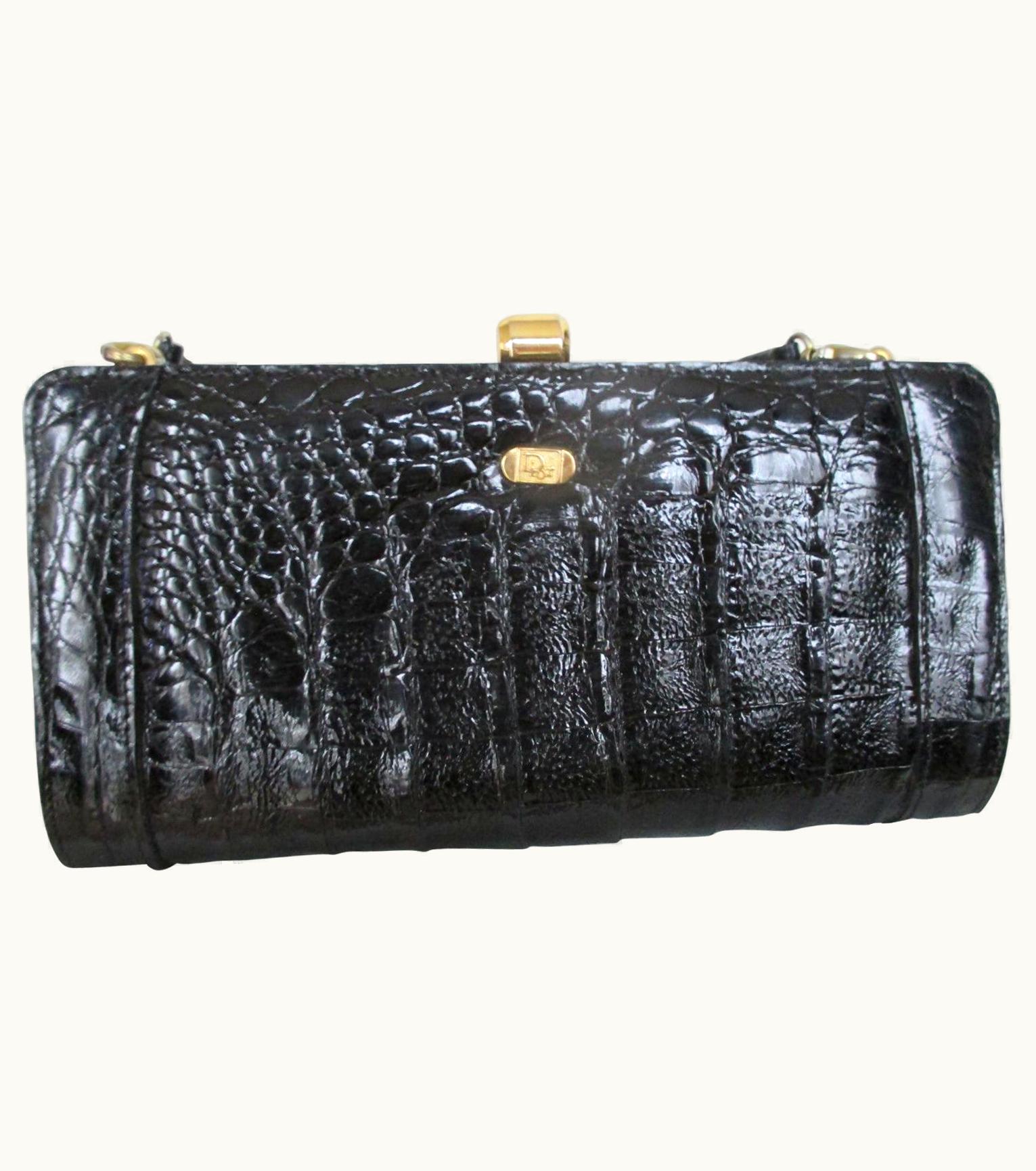 Dior Christian Dior Vintage Black Croco Leather Clutch S/S Shoulder Bag