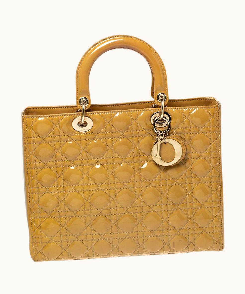 Dior Dior Mustard Cannage Patent Leather Large Lady Dior Tote