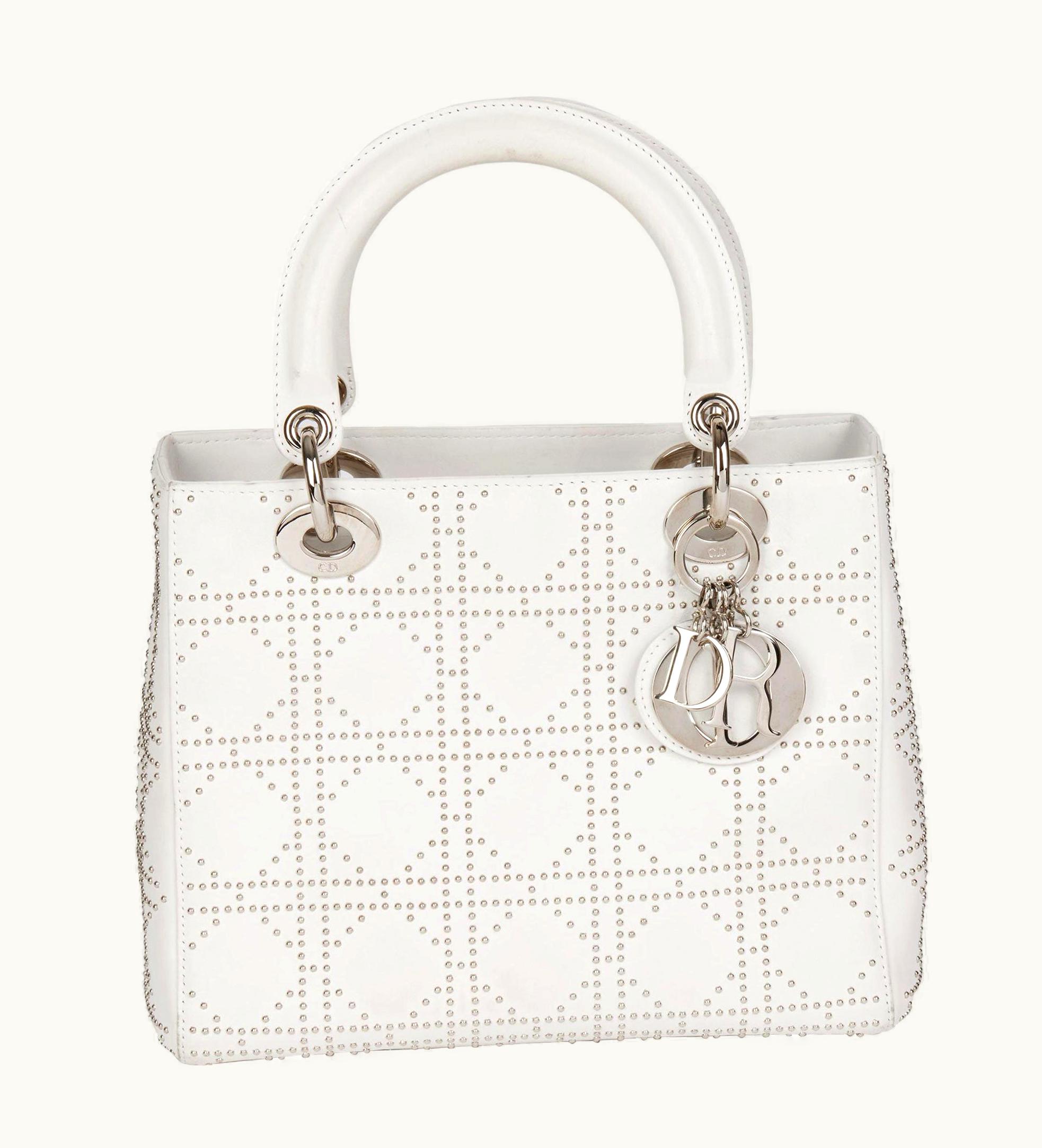 Dior Christian Dior White Studded Calfskin Leather Medium Lady Dior