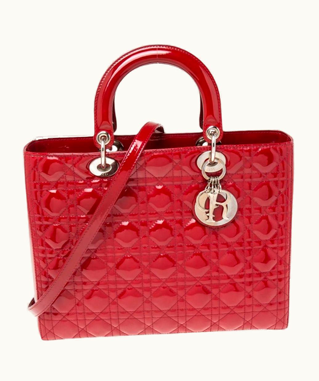 Dior Dior Dark Red Cannage Patent Leather Large Lady Dior Tote