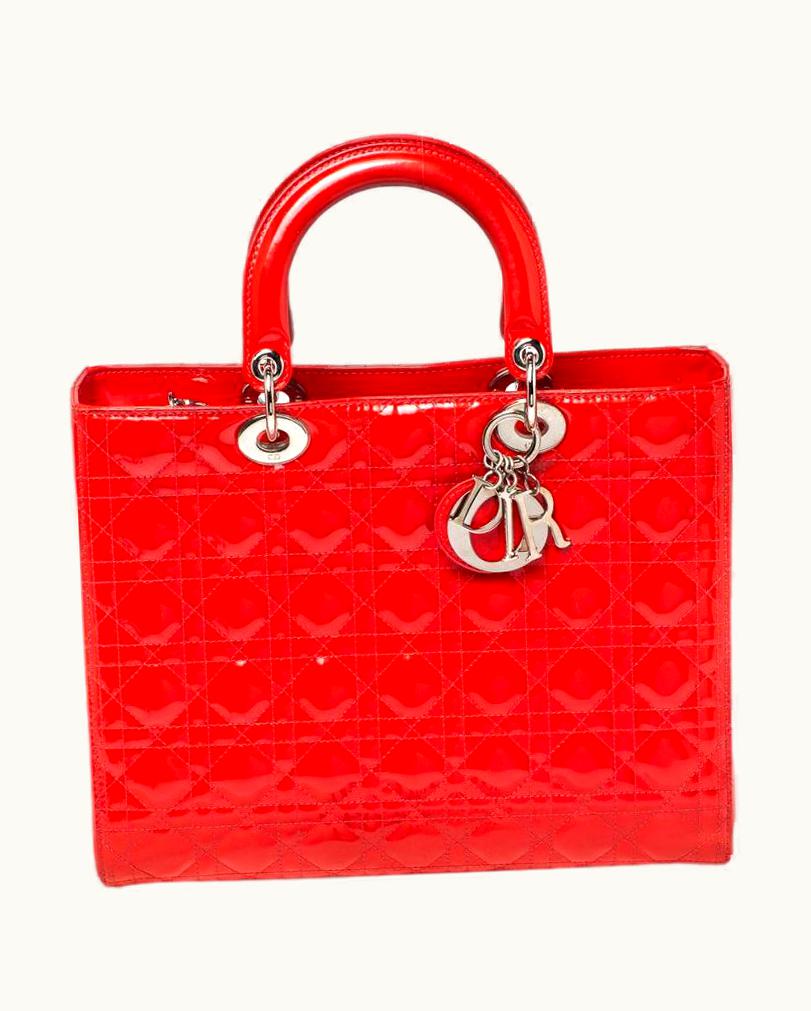 Dior Dior Crimson Red Cannage Patent Leather Large Lady Dior Tote