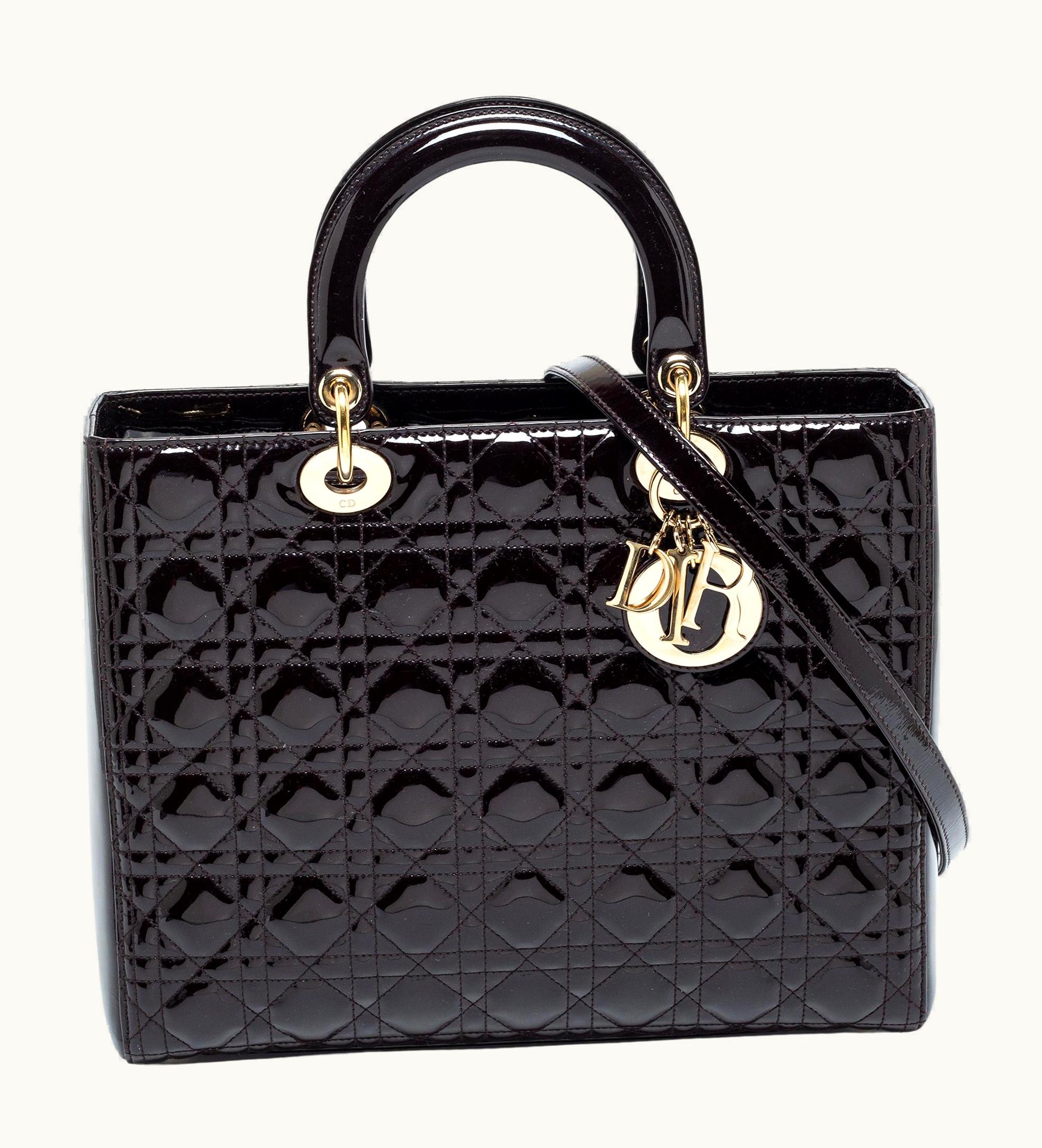 Dior Dior Dark Brown Cannage Patent Leather Large Lady Dior Tote