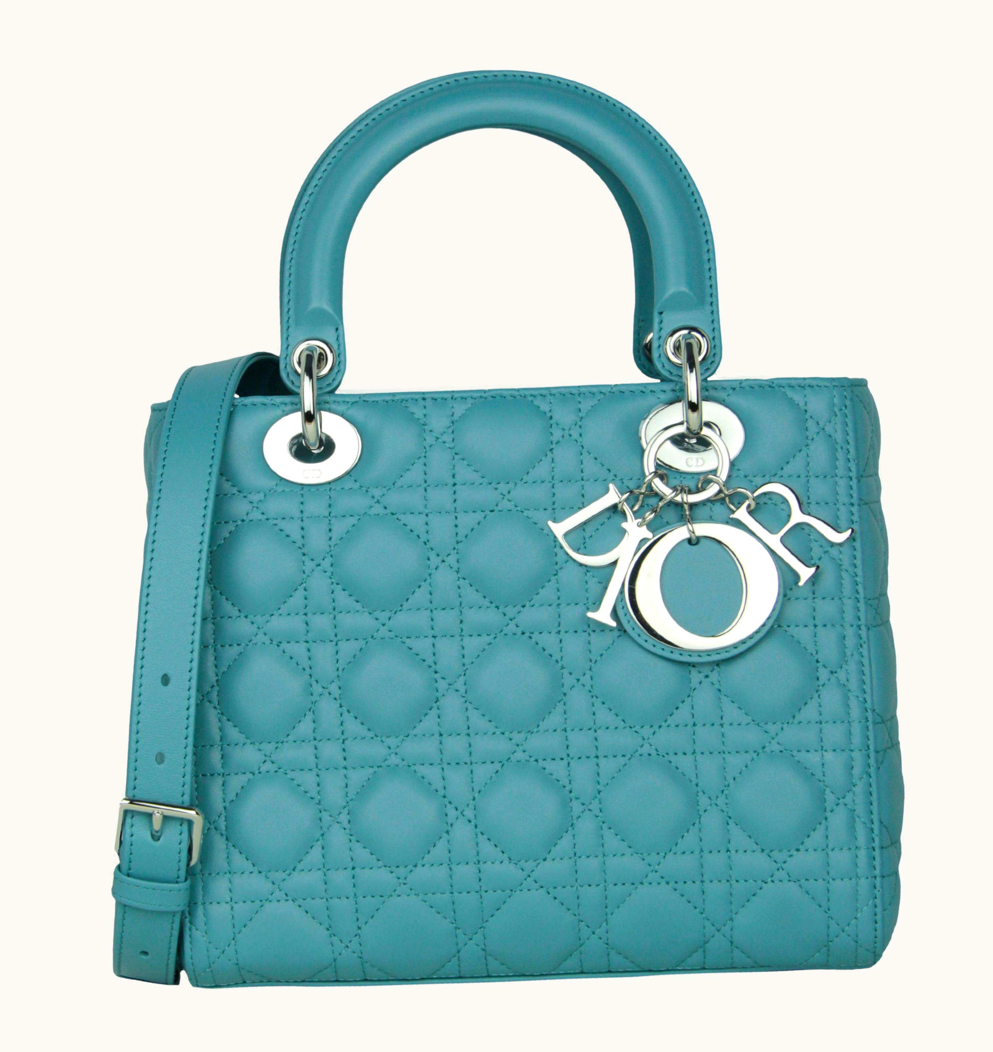 Dior Christian Dior Blue Leather Cannage Quilted Medium Lady Dior Bag