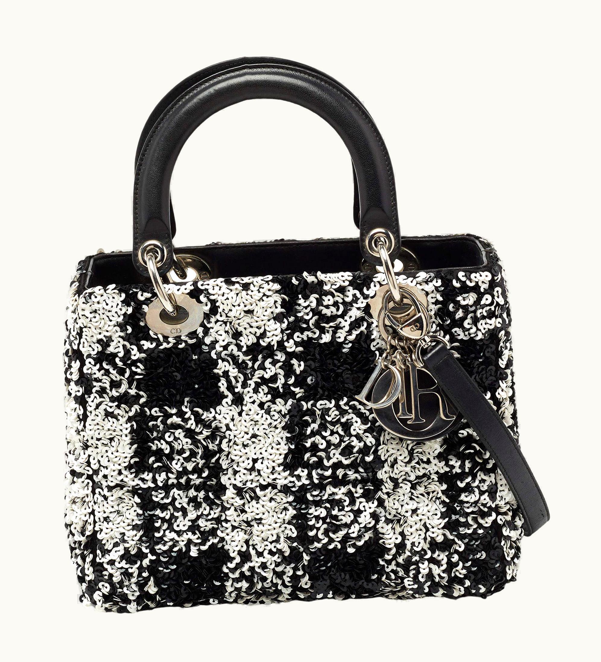 Dior Dior Black/White Sequins And Leather Medium Lady Dior Tote