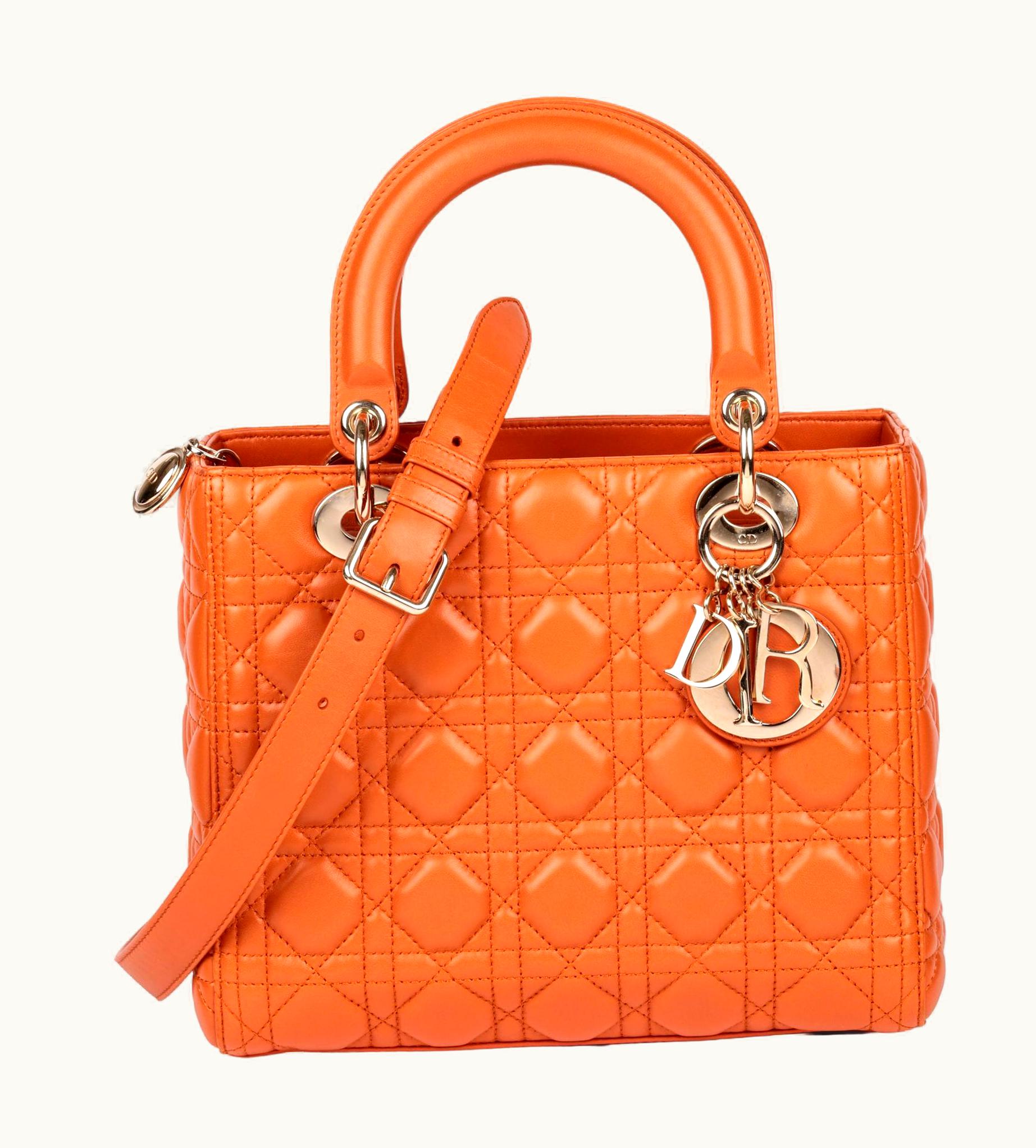 Dior Christian Dior Orange Quilted Lambskin Leather Medium Lady Dior
