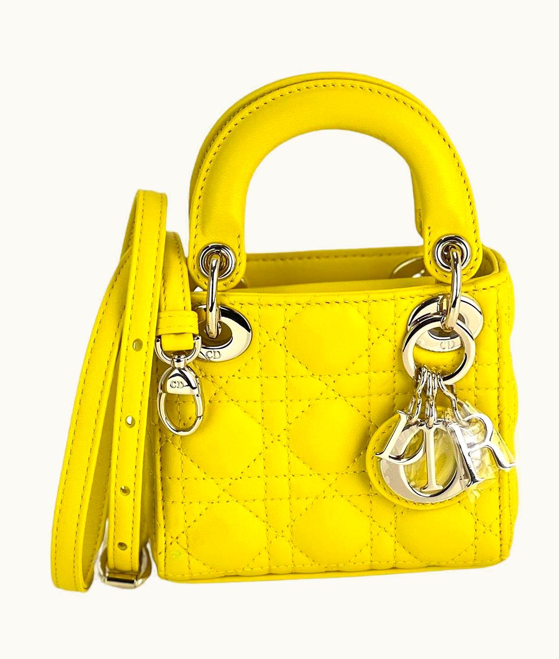 Dior Christian Dior Lambskin Cannage Micro Lady Dior Yellow Hand Crossbody Bag