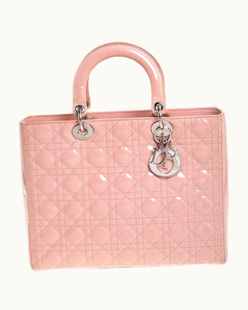Dior Dior Light Pink Cannage Quilted Patent Leather Large Lady Dior Tote