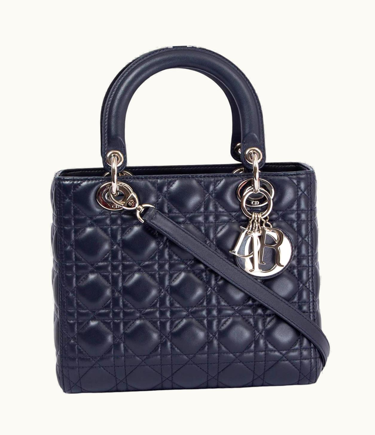 Dior Christian Dior Navy Blue Cannage Leather Lady Dior Medium Tote Bag