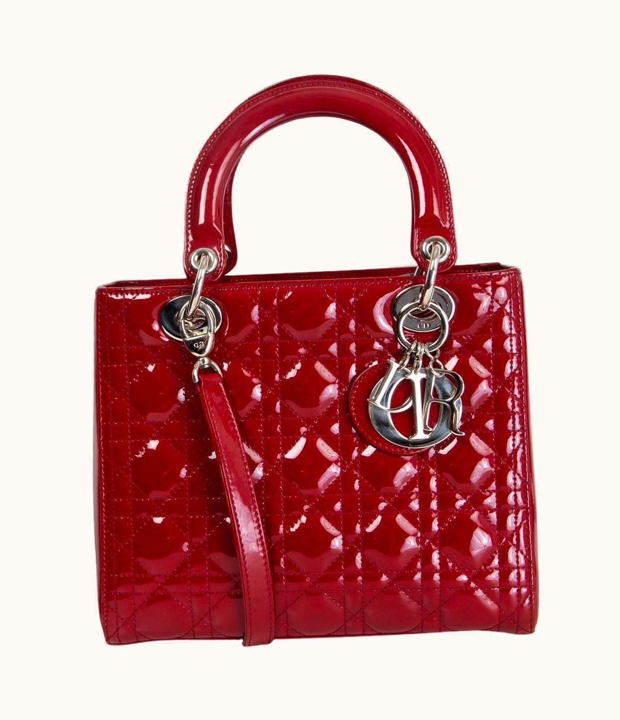 Dior Christian Dior Burgundy Cannage Patent Leather Lady Dior Medium Tote Bag