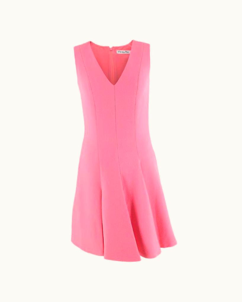Dior Christian Dior Pink Wool Crepe Pleated V-Neck Dress - Us