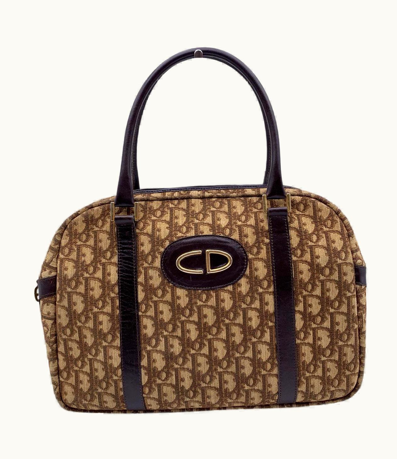 Dior Christian Dior Vintage Brown Trotter Tapestry Canvas Boston Bag