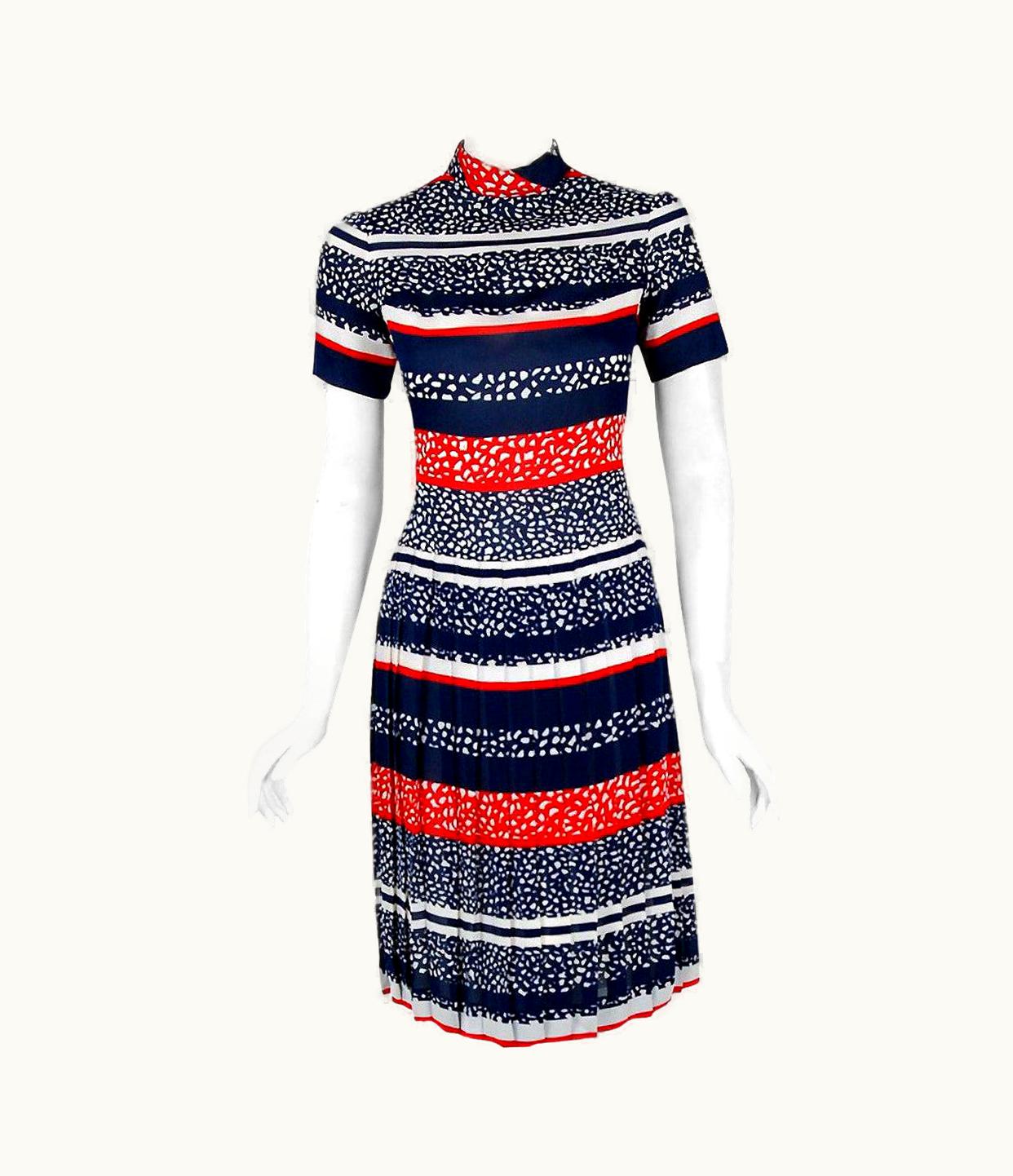 Dior Vintage 1968 Christian Dior Couture London Stripe Silk Pleated Drop-Waist Dress