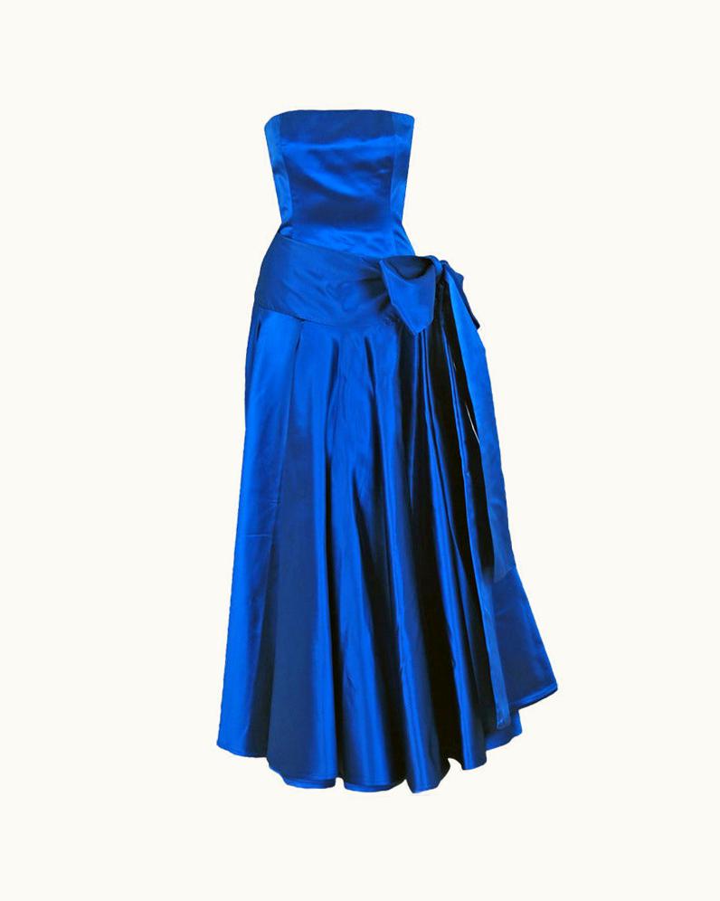 Dior 1982 Christian Dior Sapphire-Blue Satin Strapless Numbered Couture Gown