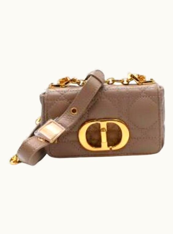 Dior Dior Taupe Leather Micro Caro Pouch On Gold Chain UZ0570038