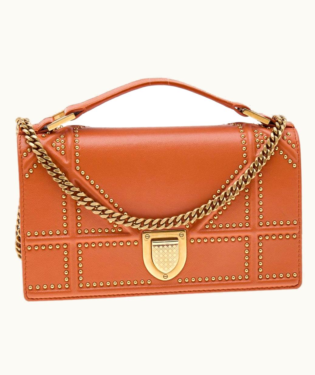 Dior Dior Orange Leather Mini Studded Diorama Chain Shoulder Bag
