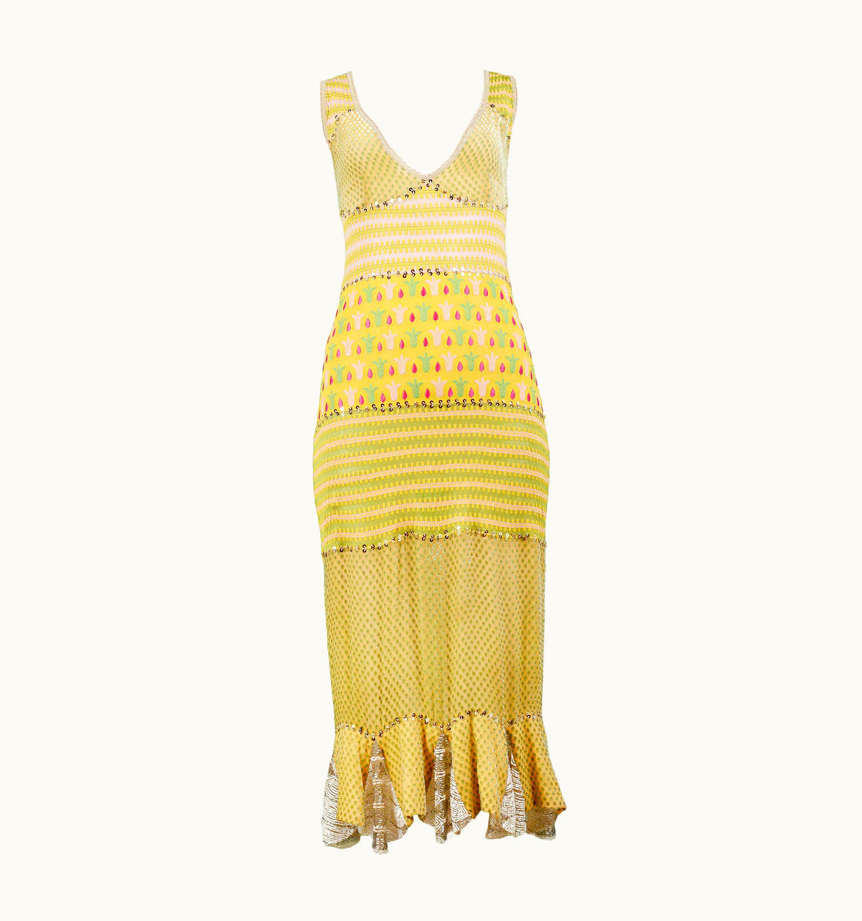 Dior Christian Dior By Galliano Yellow Patchwork Embroidered & Beaded Spring Dress