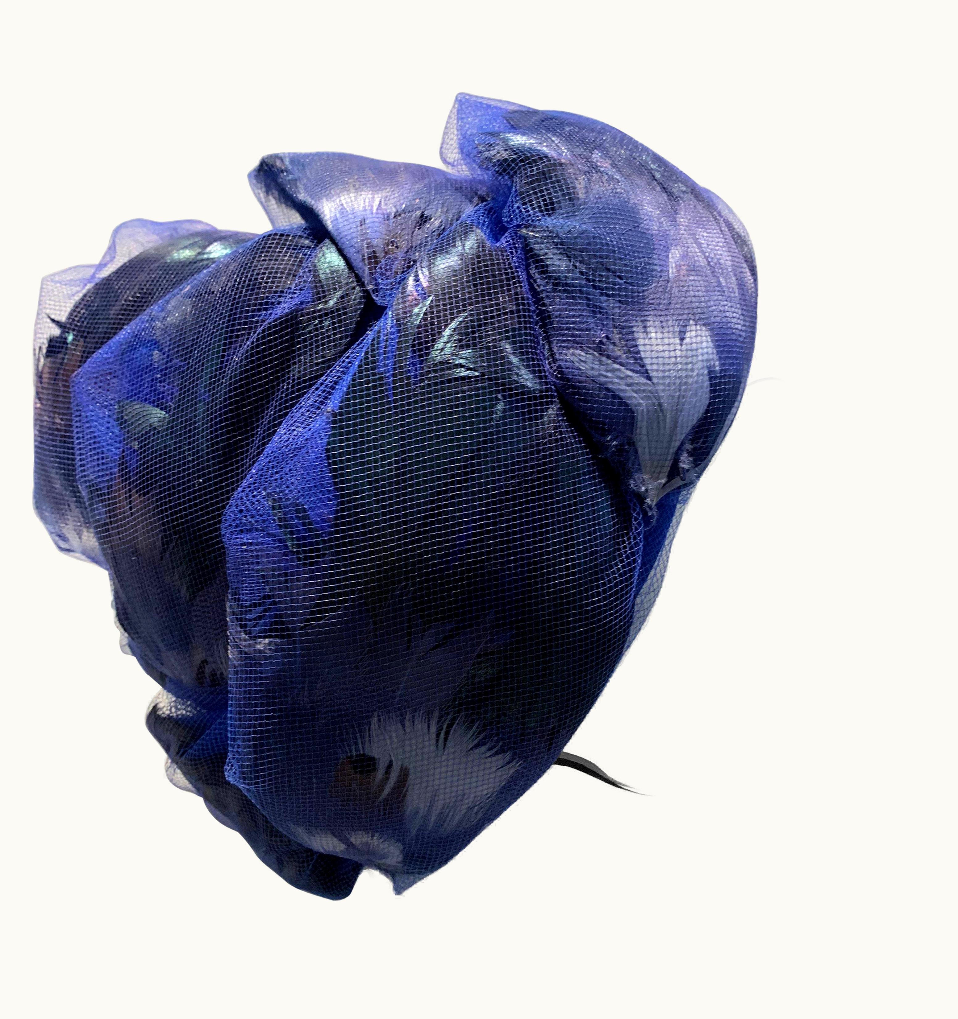 Dior 1960s Christian Dior Cobalt Tulle & Black Feather Beehive Turban Hat