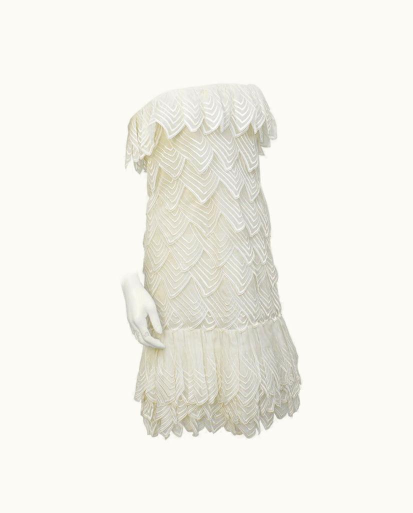 Dior 1983 Christian Dior Haute Couture Off White Organdy Strapless Dress