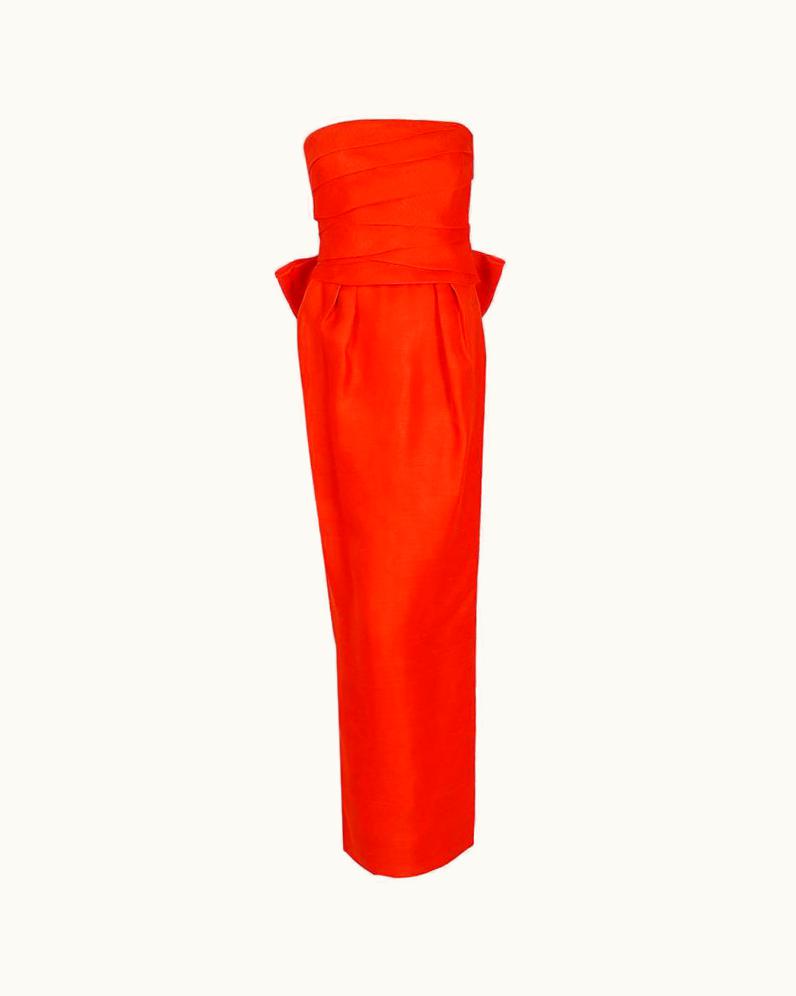 Dior 1983 Christian Dior Haute-Couture Orange Strapless Pleated Silk Hourglass Gown