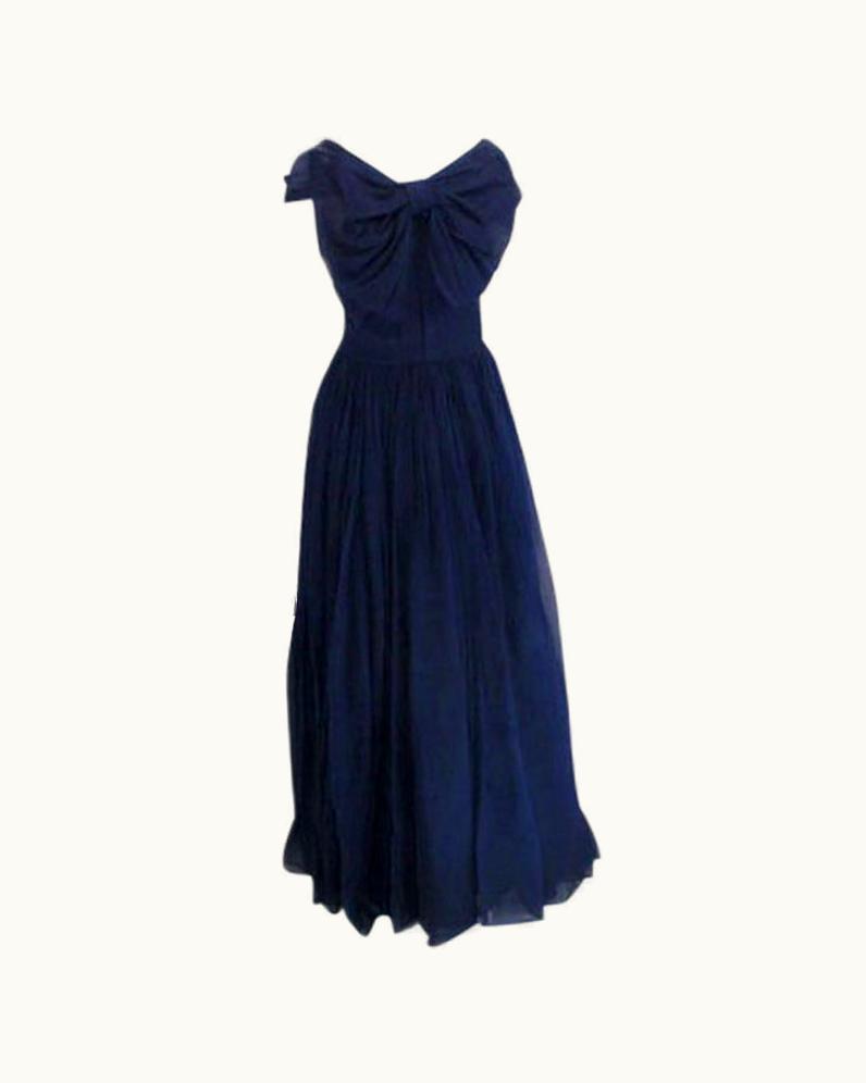 Dior Christian Dior York Circa 1950 Navy Blue Chiffon Gown