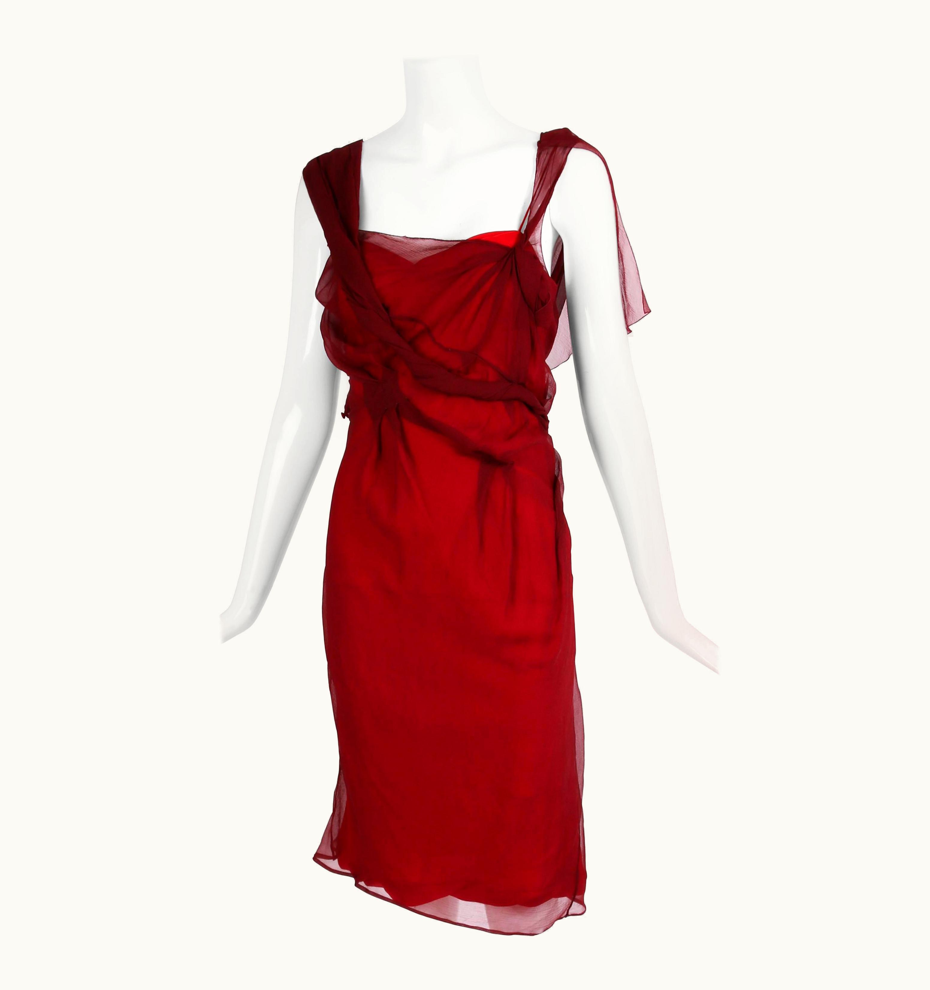 Dior Christian Dior By John Galliano Burgundy Chiffon Asymmetrical Cocktail Dress